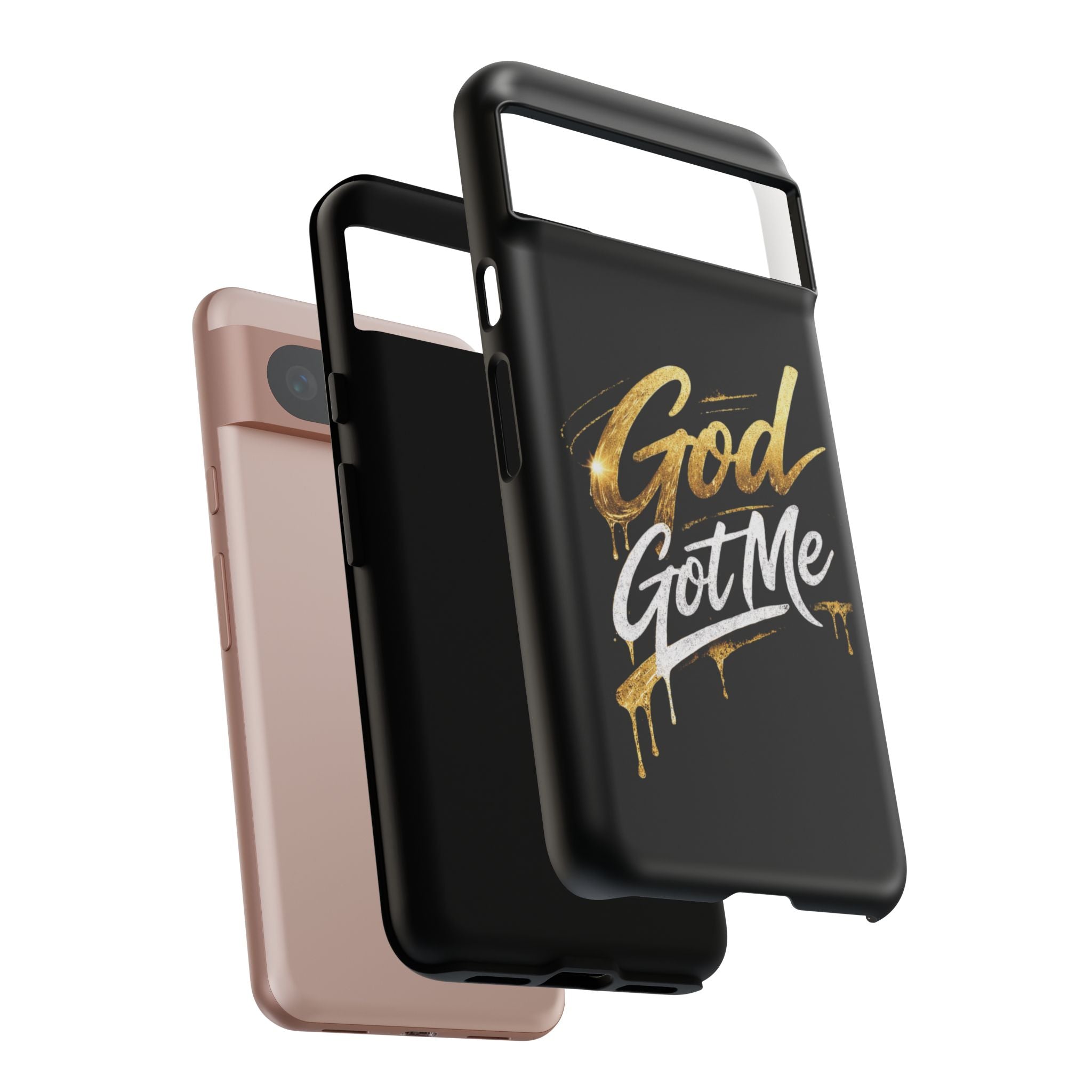 God Got Me phone case | Script gold drip typography on black