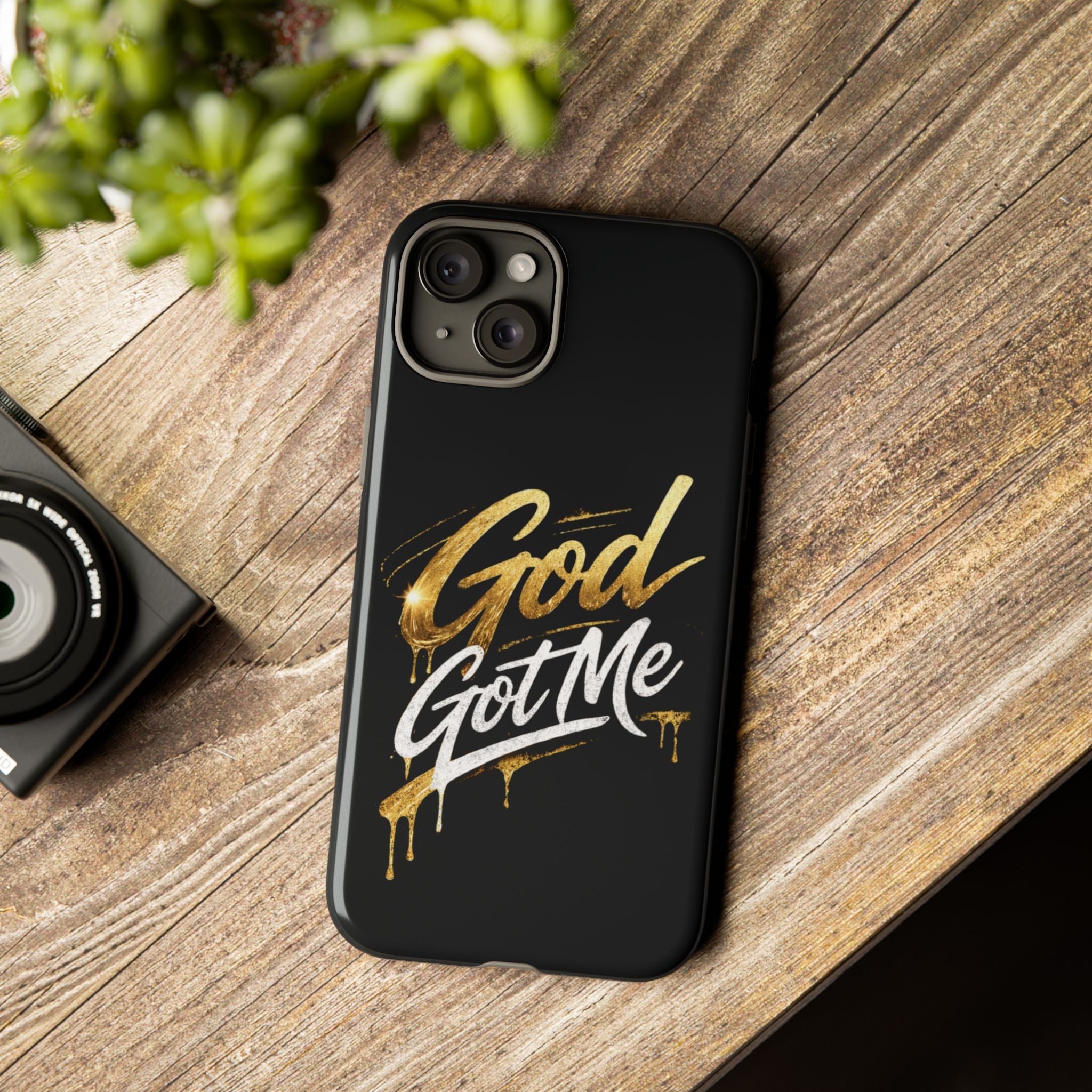 God Got Me phone case | Script gold drip typography on black