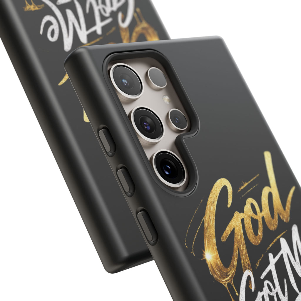 God Got Me phone case | Script gold drip typography on black