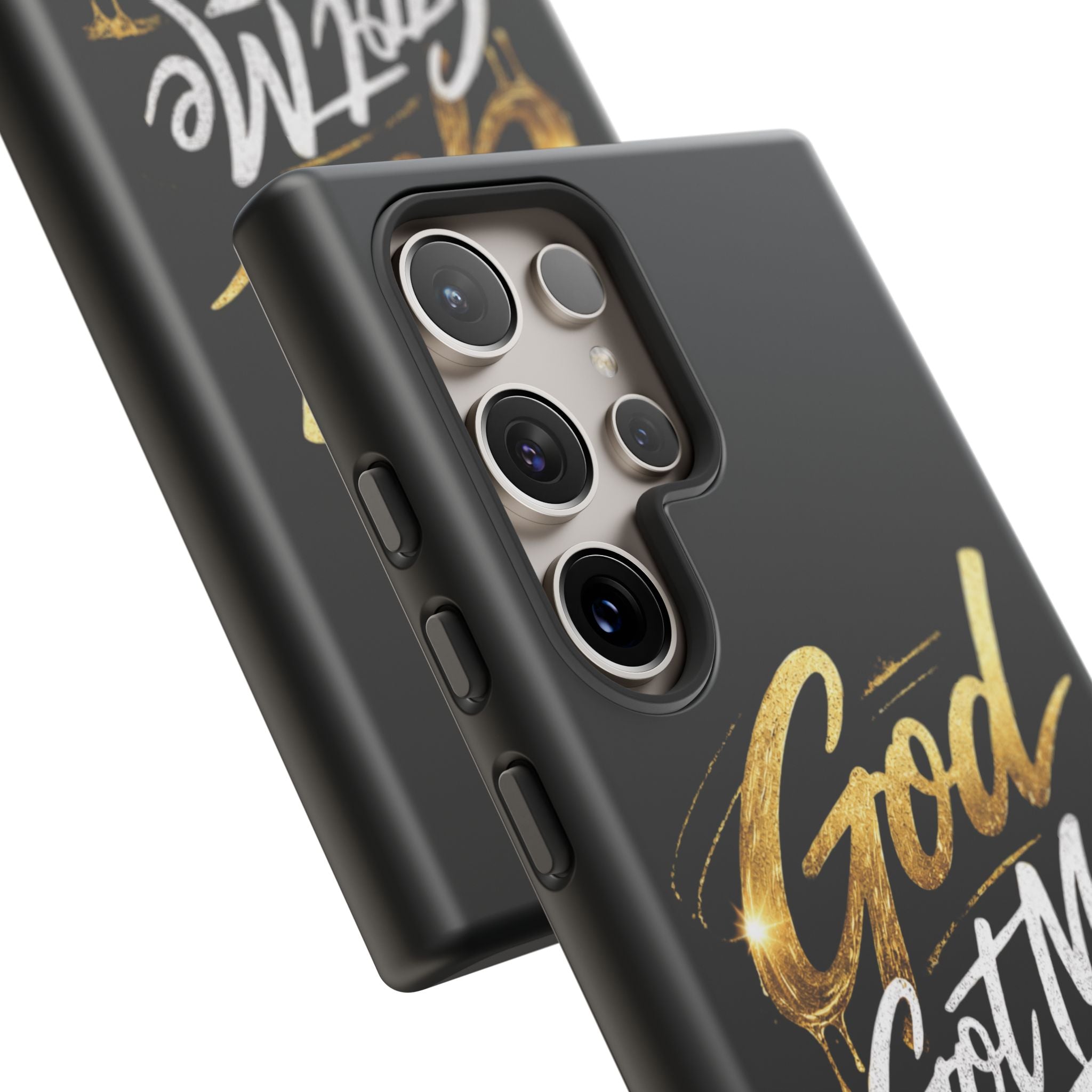 God Got Me phone case | Script gold drip typography on black