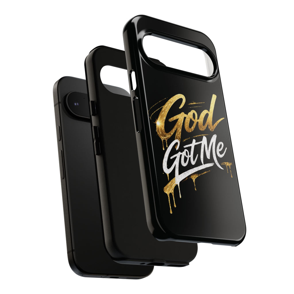God Got Me phone case | Script gold drip typography on black