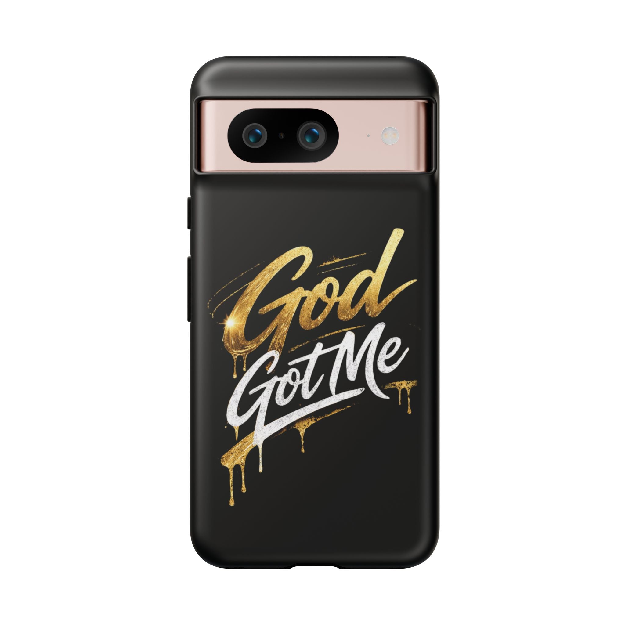 God Got Me phone case | Script gold drip typography on black