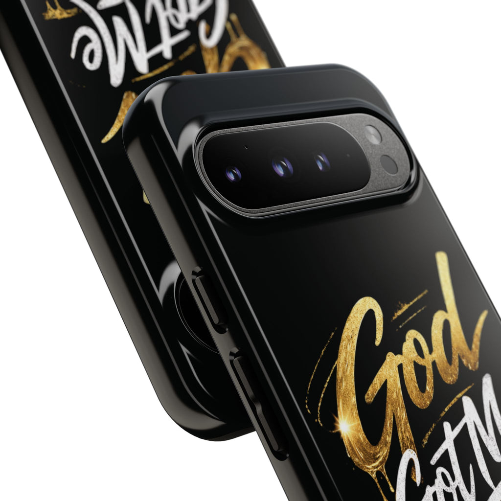 God Got Me phone case | Script gold drip typography on black