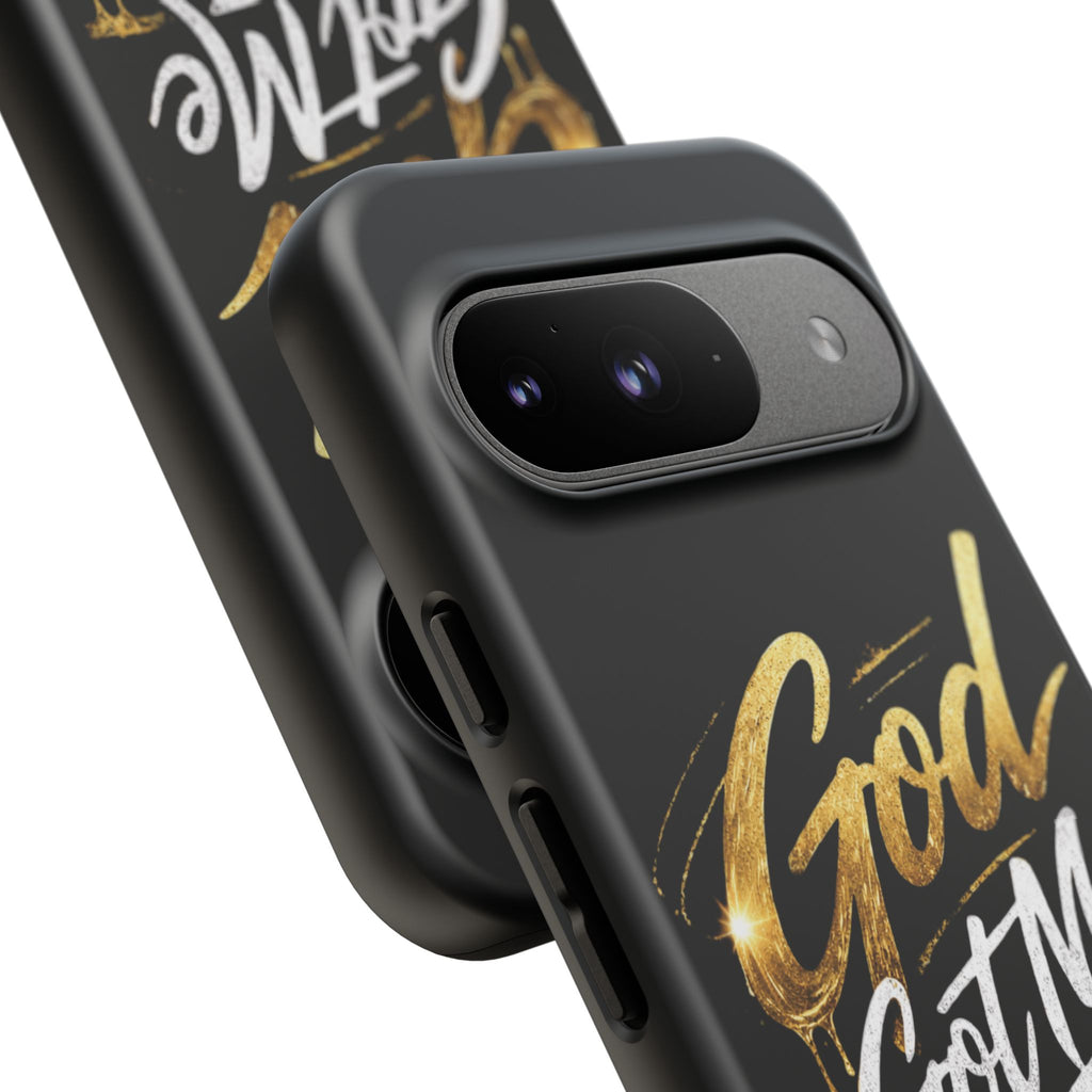 God Got Me phone case | Script gold drip typography on black