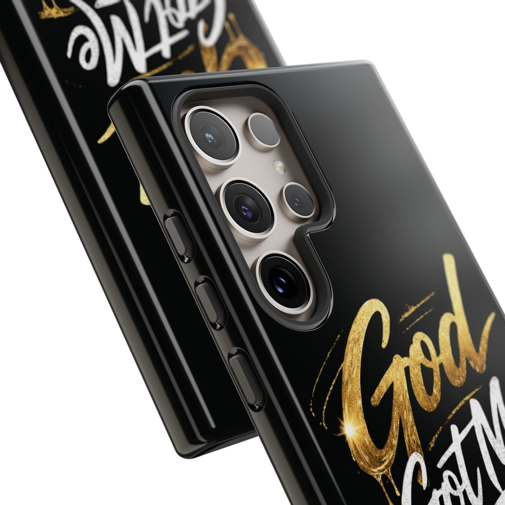 God Got Me phone case | Script gold drip typography on black