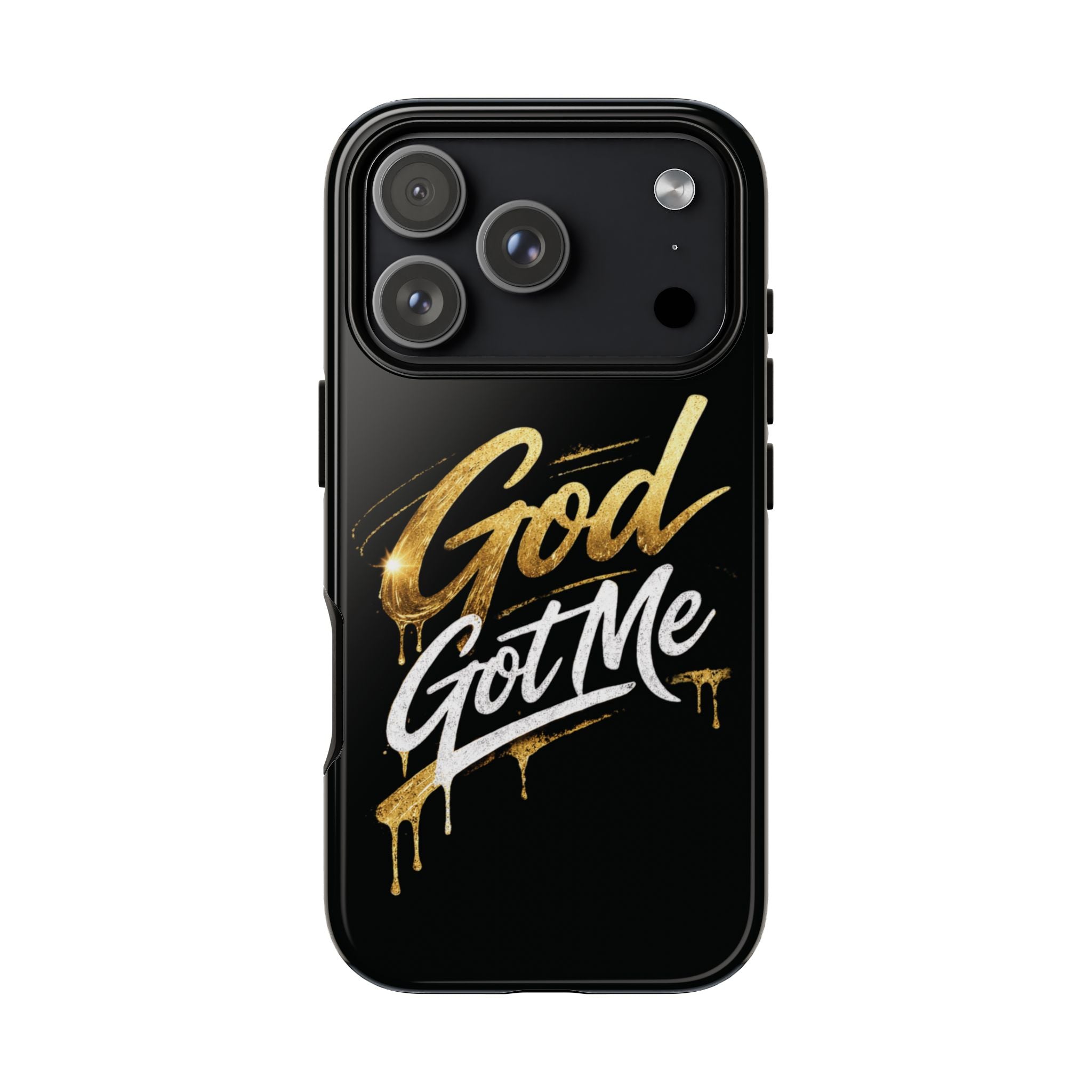 God Got Me phone case | Script gold drip typography on black