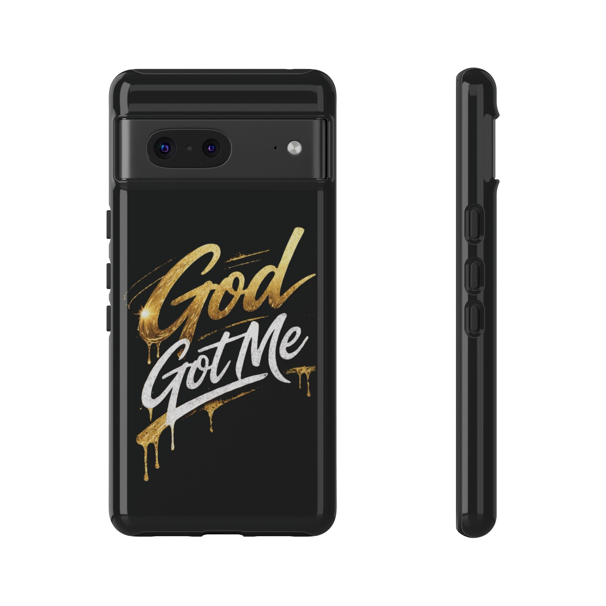 God Got Me phone case | Script gold drip typography on black