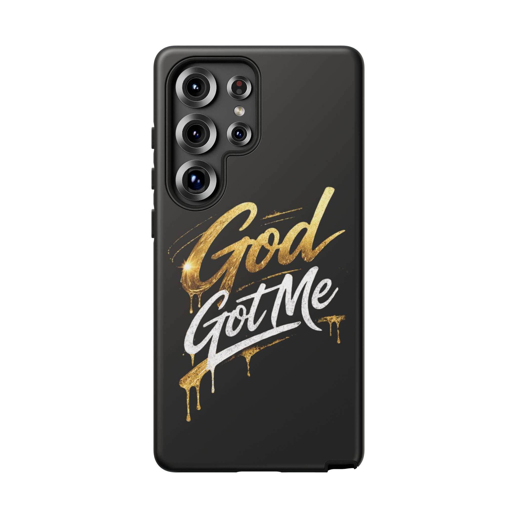 God Got Me phone case | Script gold drip typography on black