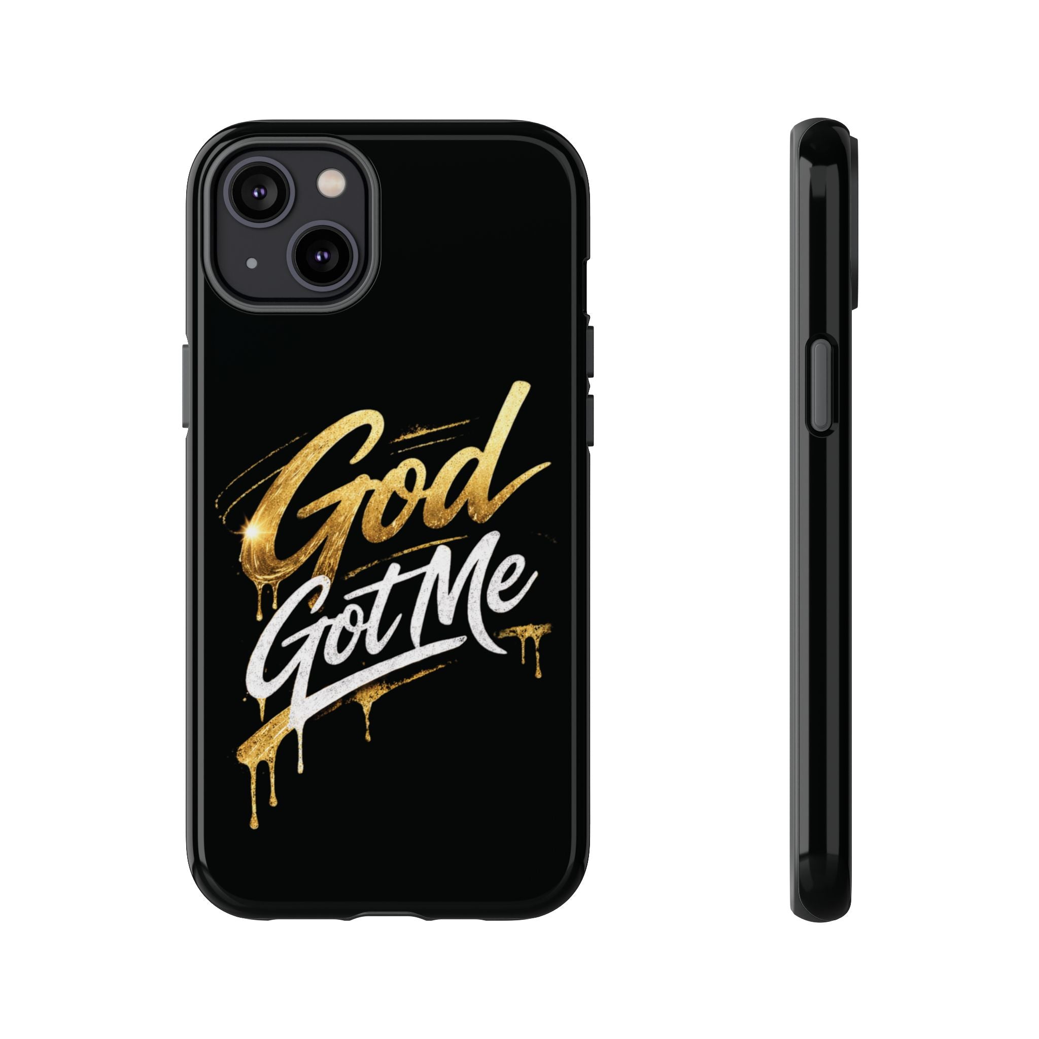 God Got Me phone case | Script gold drip typography on black