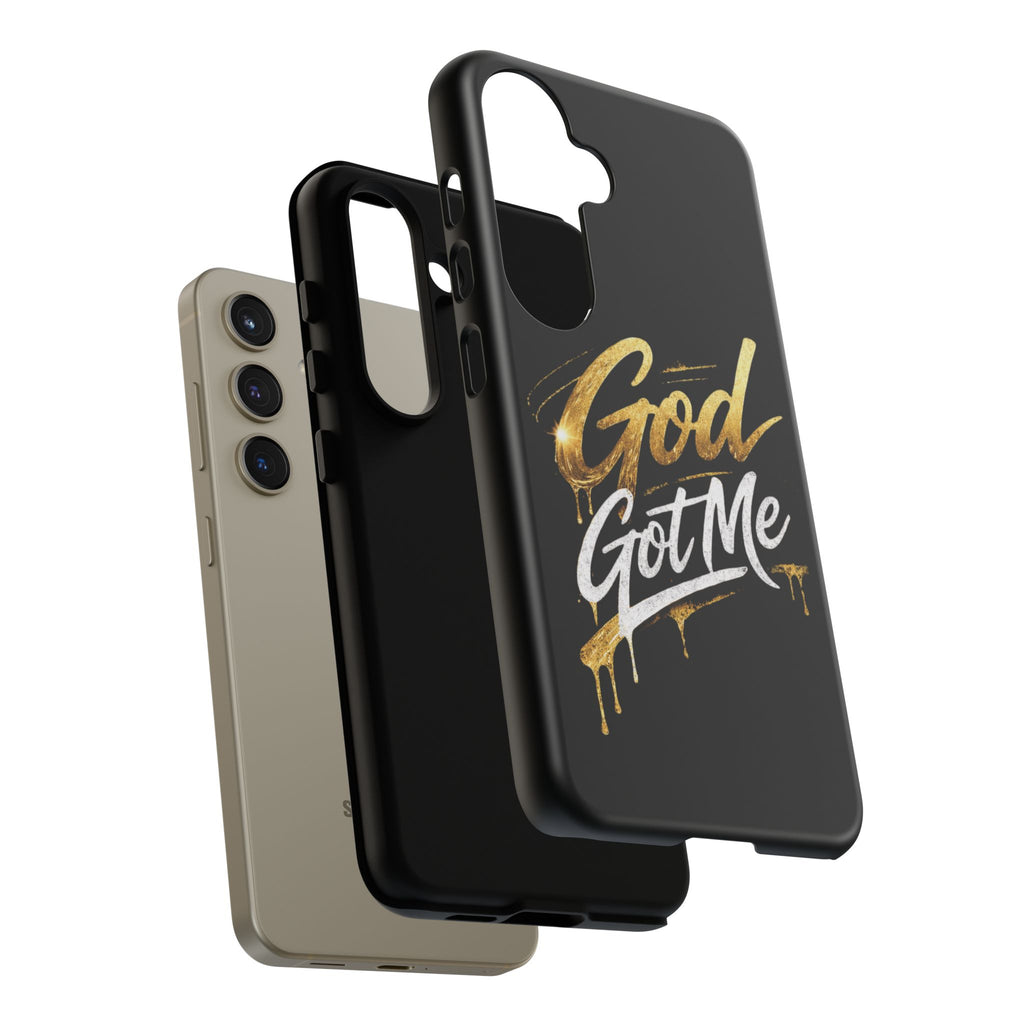 God Got Me phone case | Script gold drip typography on black