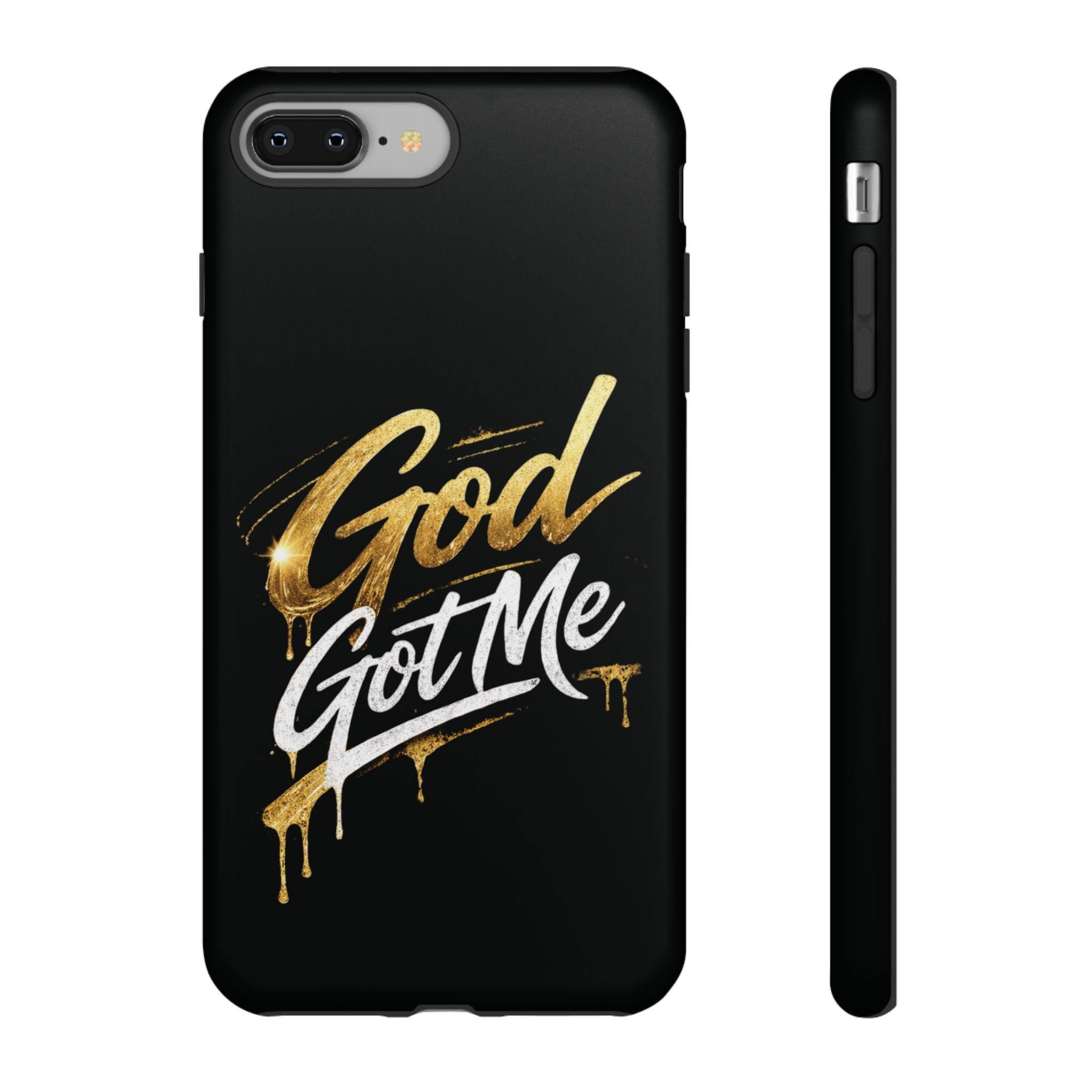 God Got Me phone case | Script gold drip typography on black