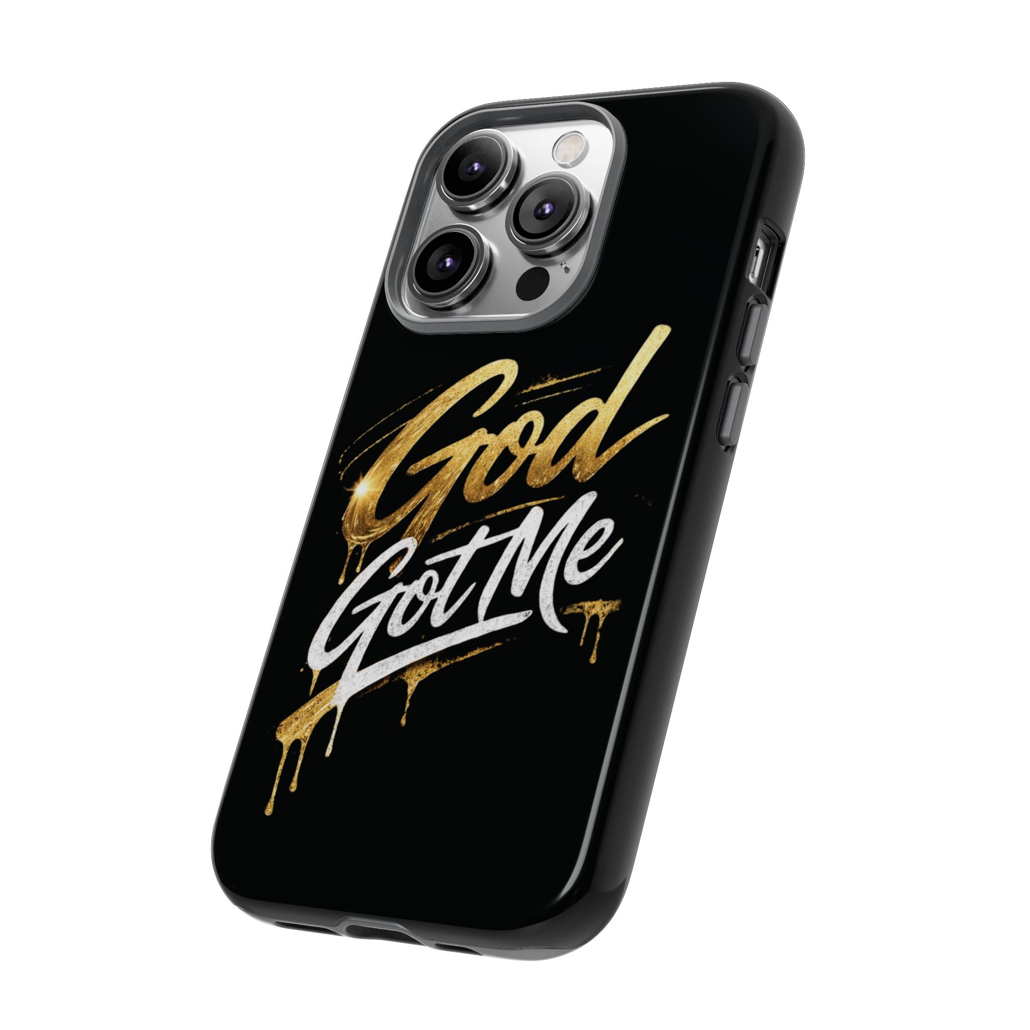 God Got Me phone case | Script gold drip typography on black