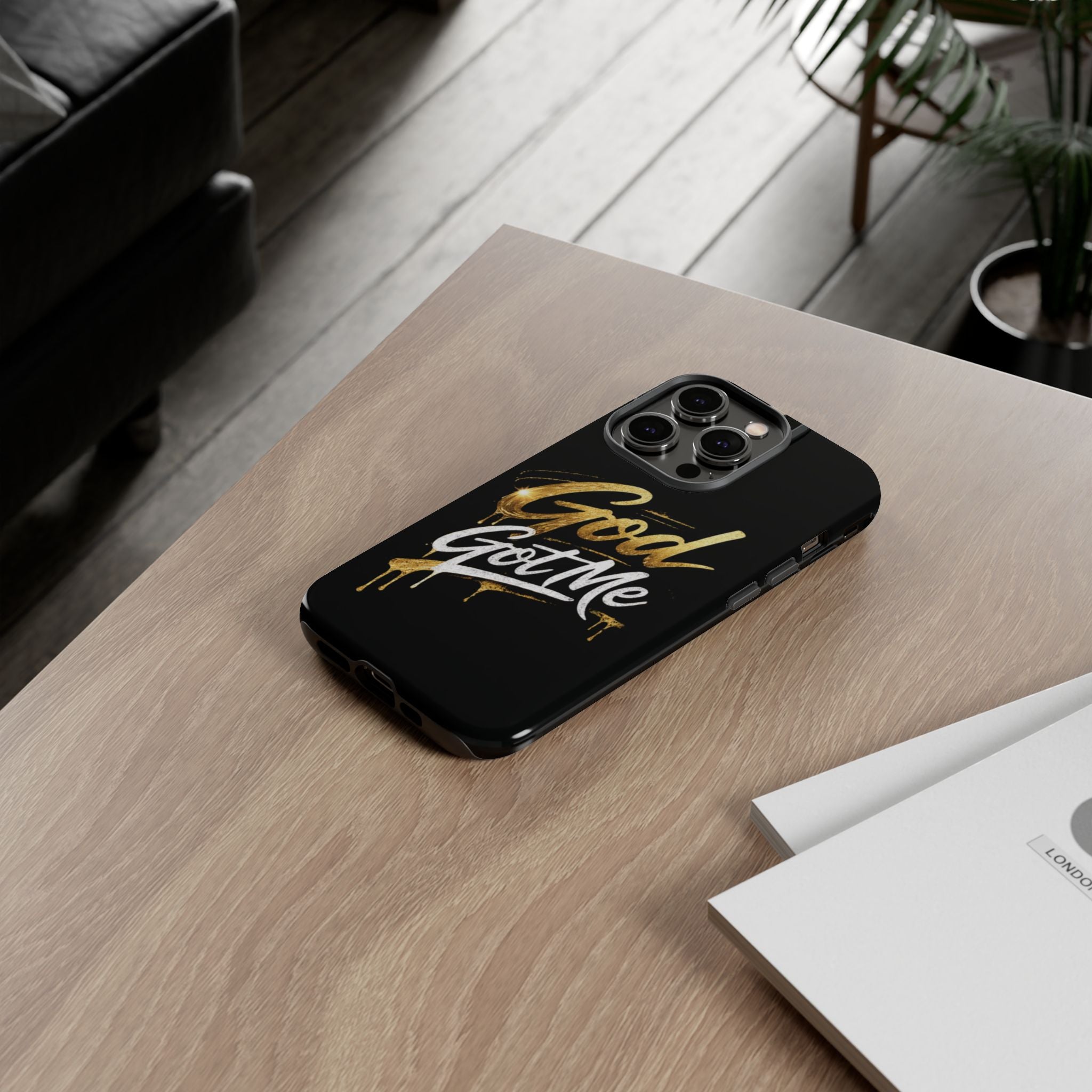 God Got Me phone case | Script gold drip typography on black