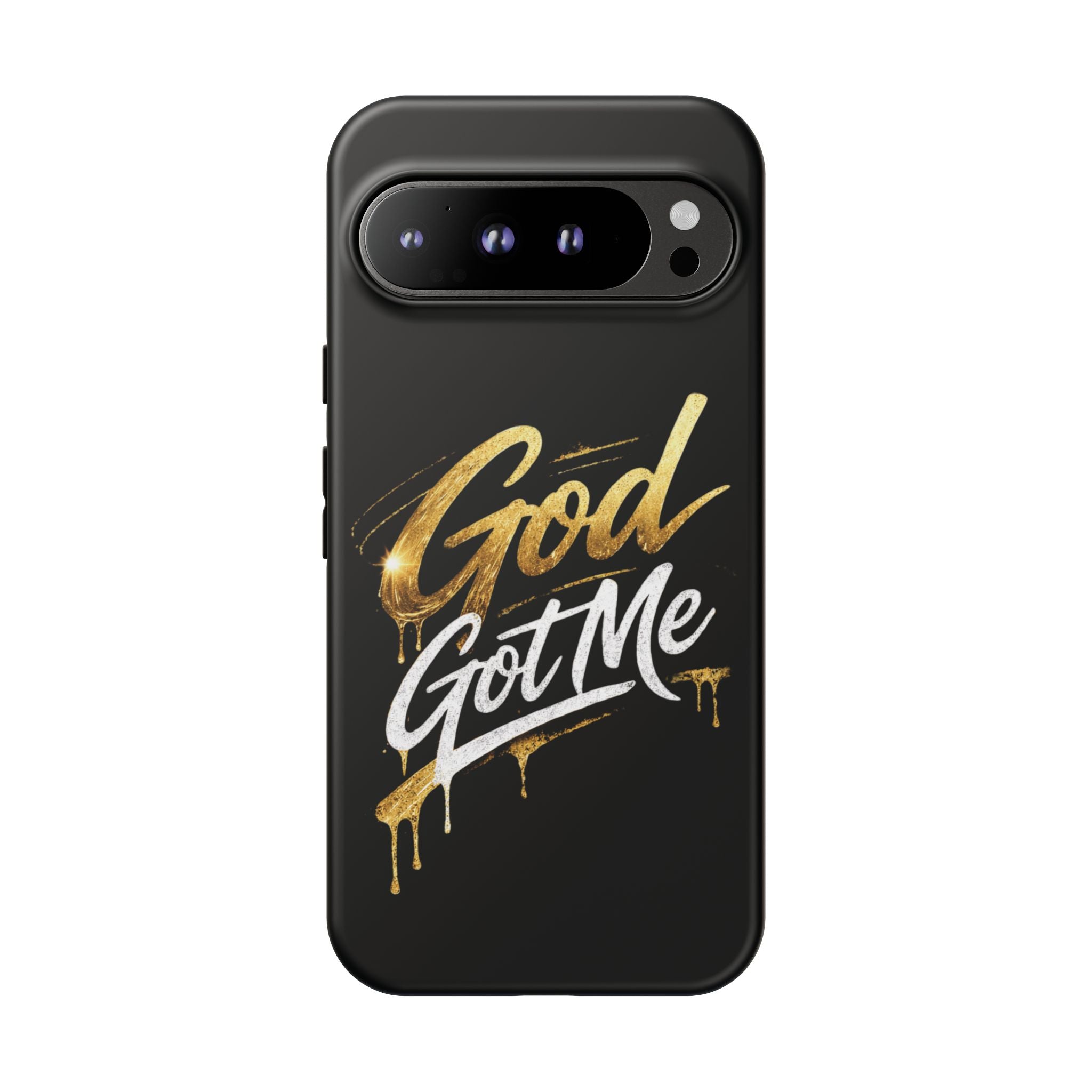 God Got Me phone case | Script gold drip typography on black
