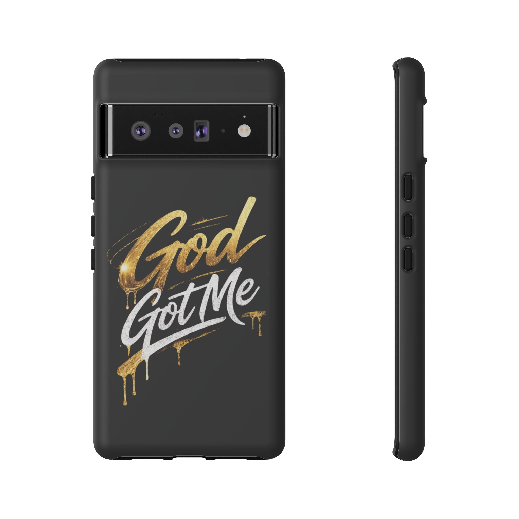 God Got Me phone case | Script gold drip typography on black