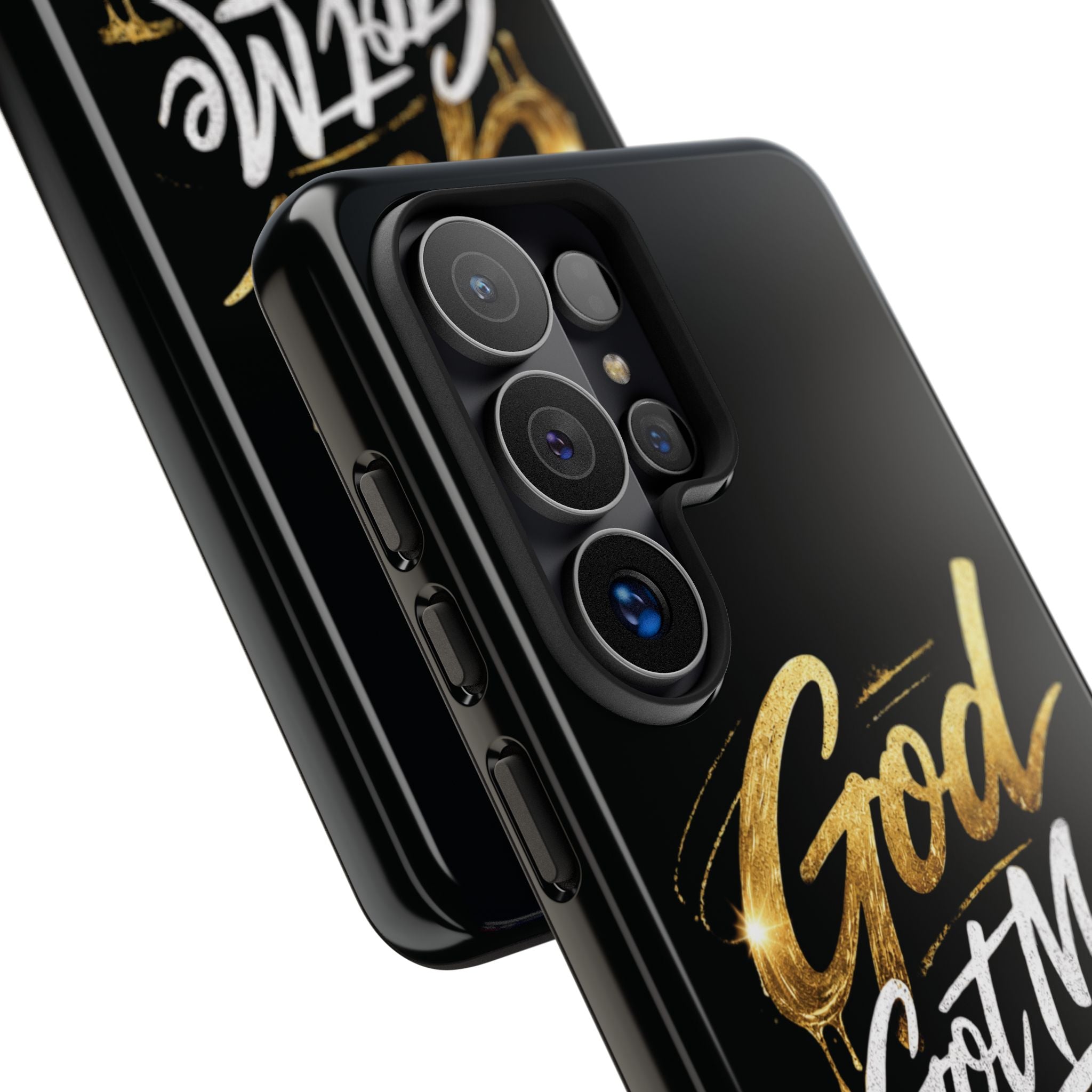 God Got Me phone case | Script gold drip typography on black