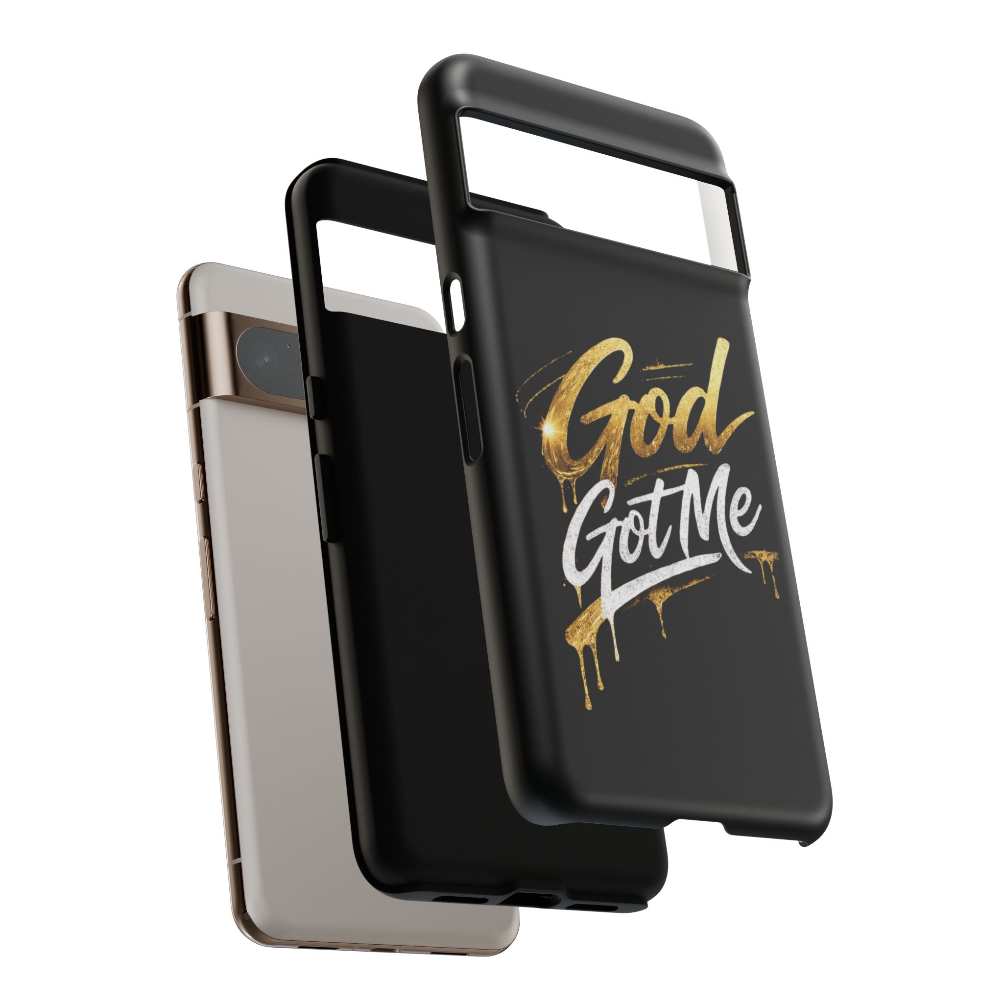 God Got Me phone case | Script gold drip typography on black