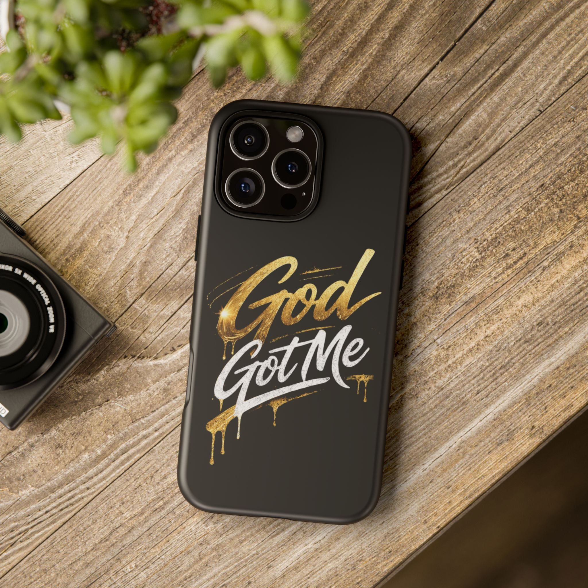 God Got Me phone case | Script gold drip typography on black