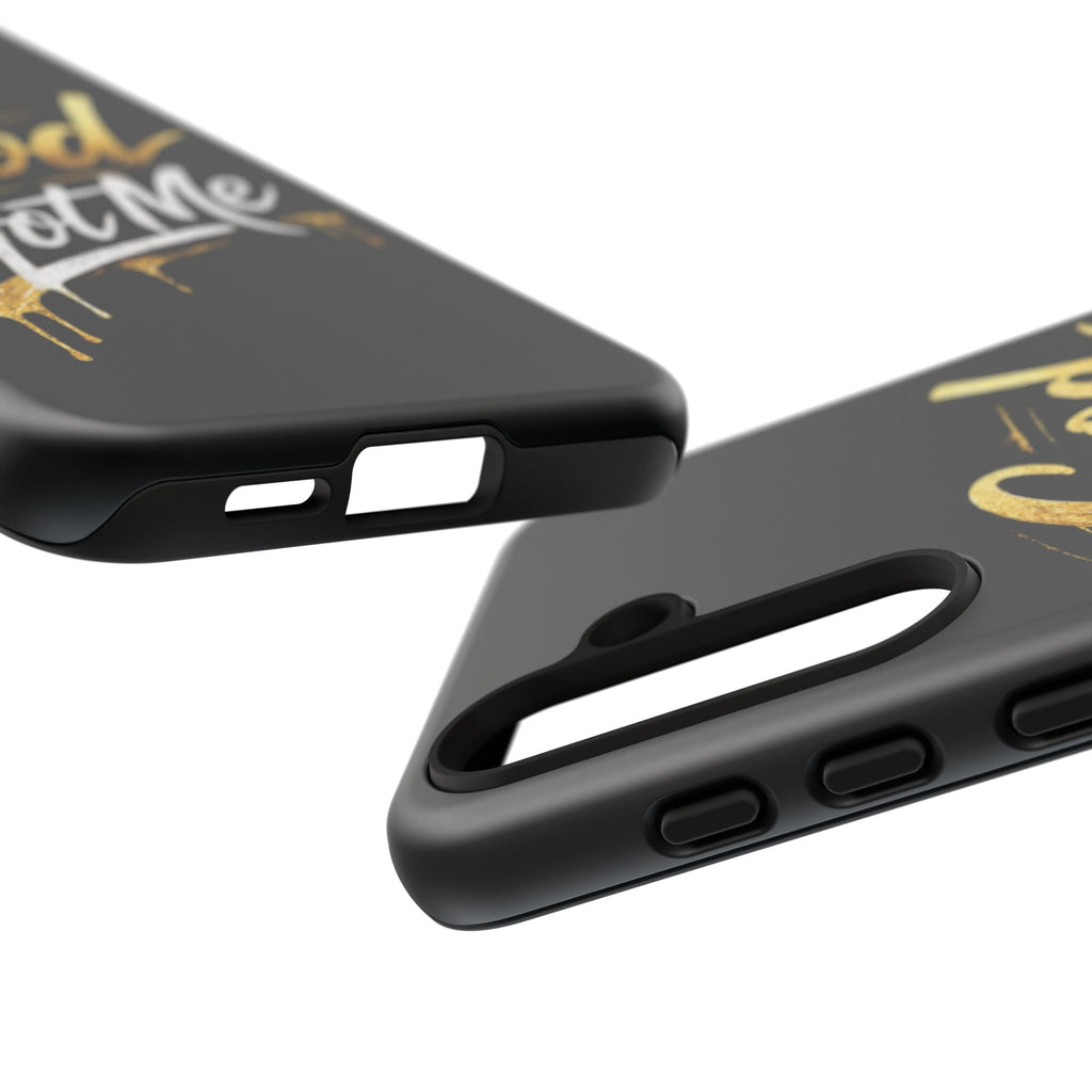God Got Me phone case | Script gold drip typography on black