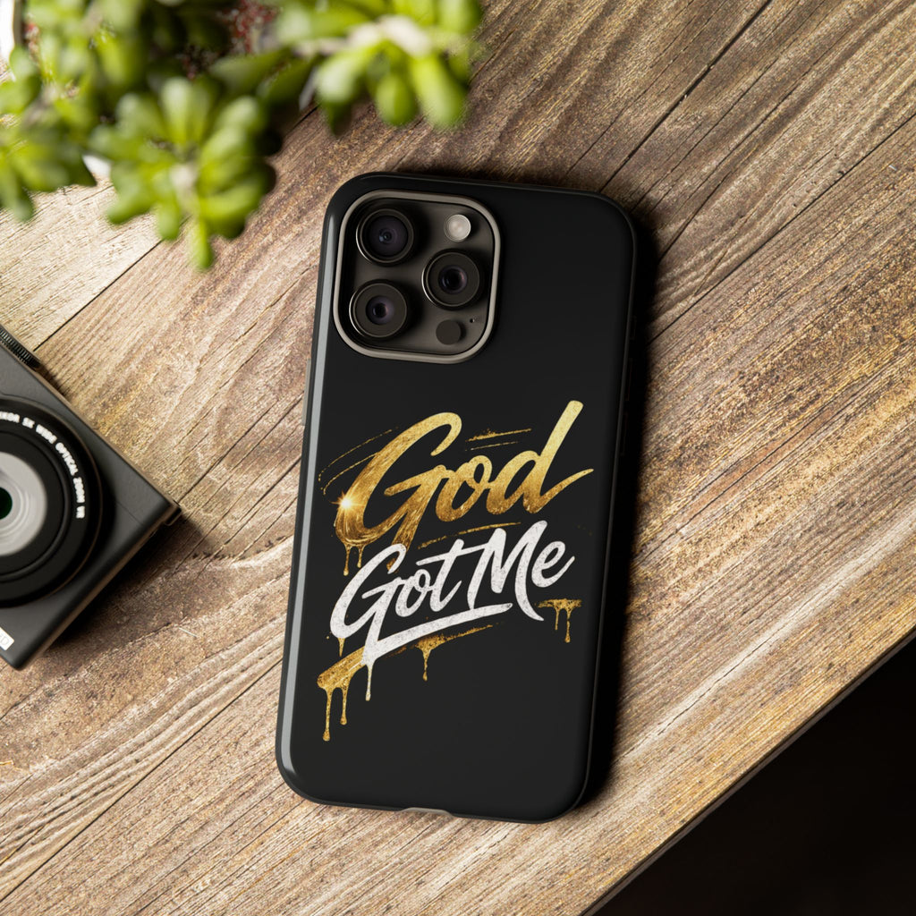 God Got Me phone case | Script gold drip typography on black