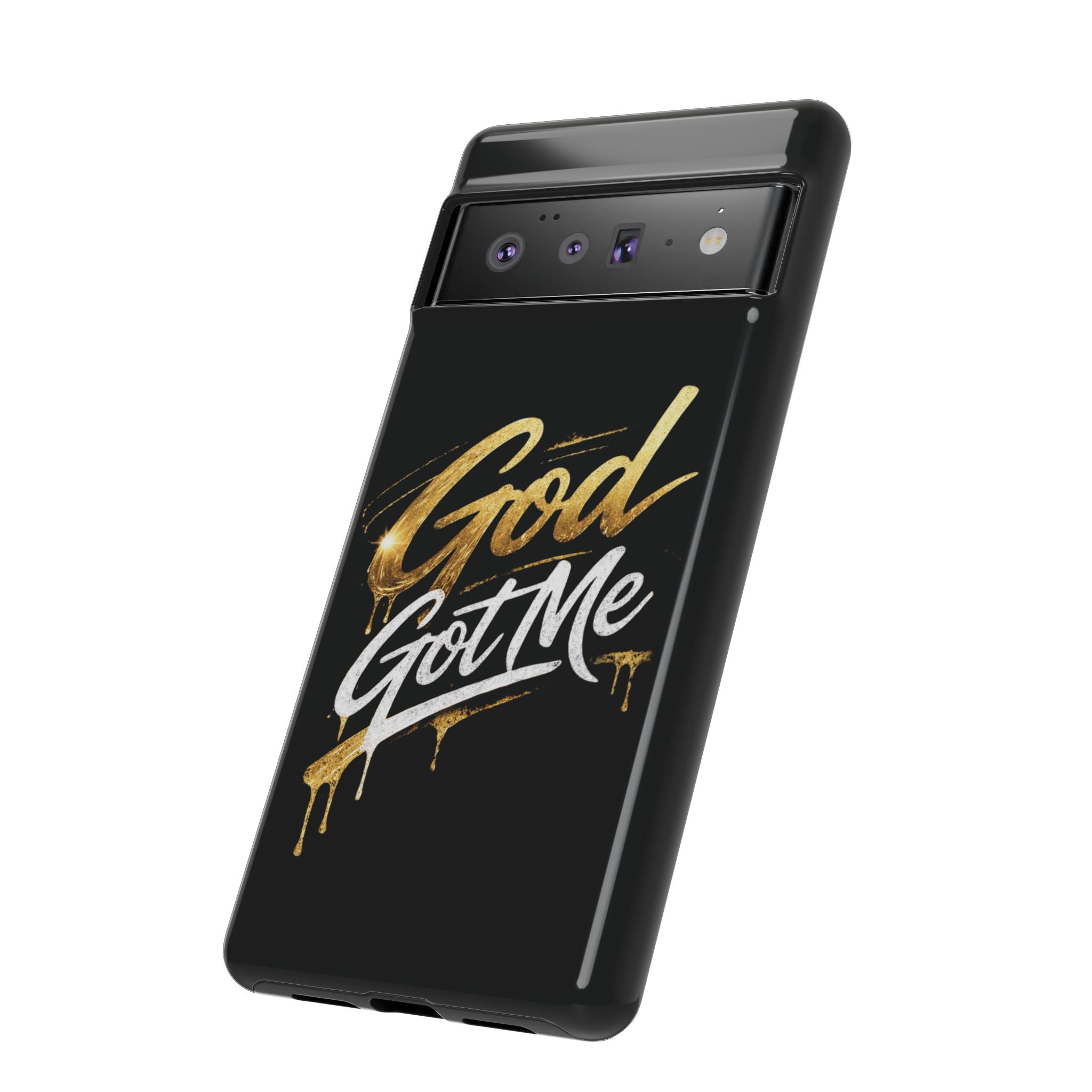 God Got Me phone case | Script gold drip typography on black