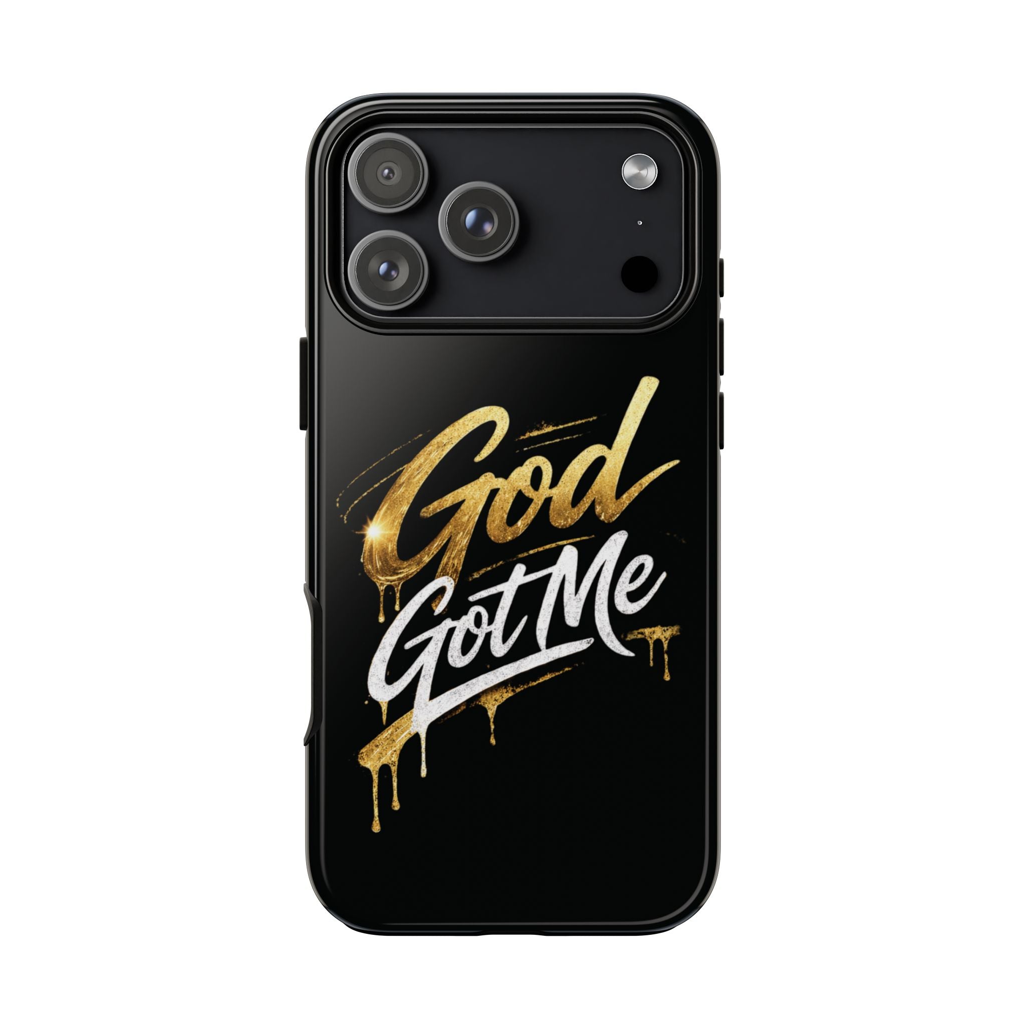 God Got Me phone case | Script gold drip typography on black