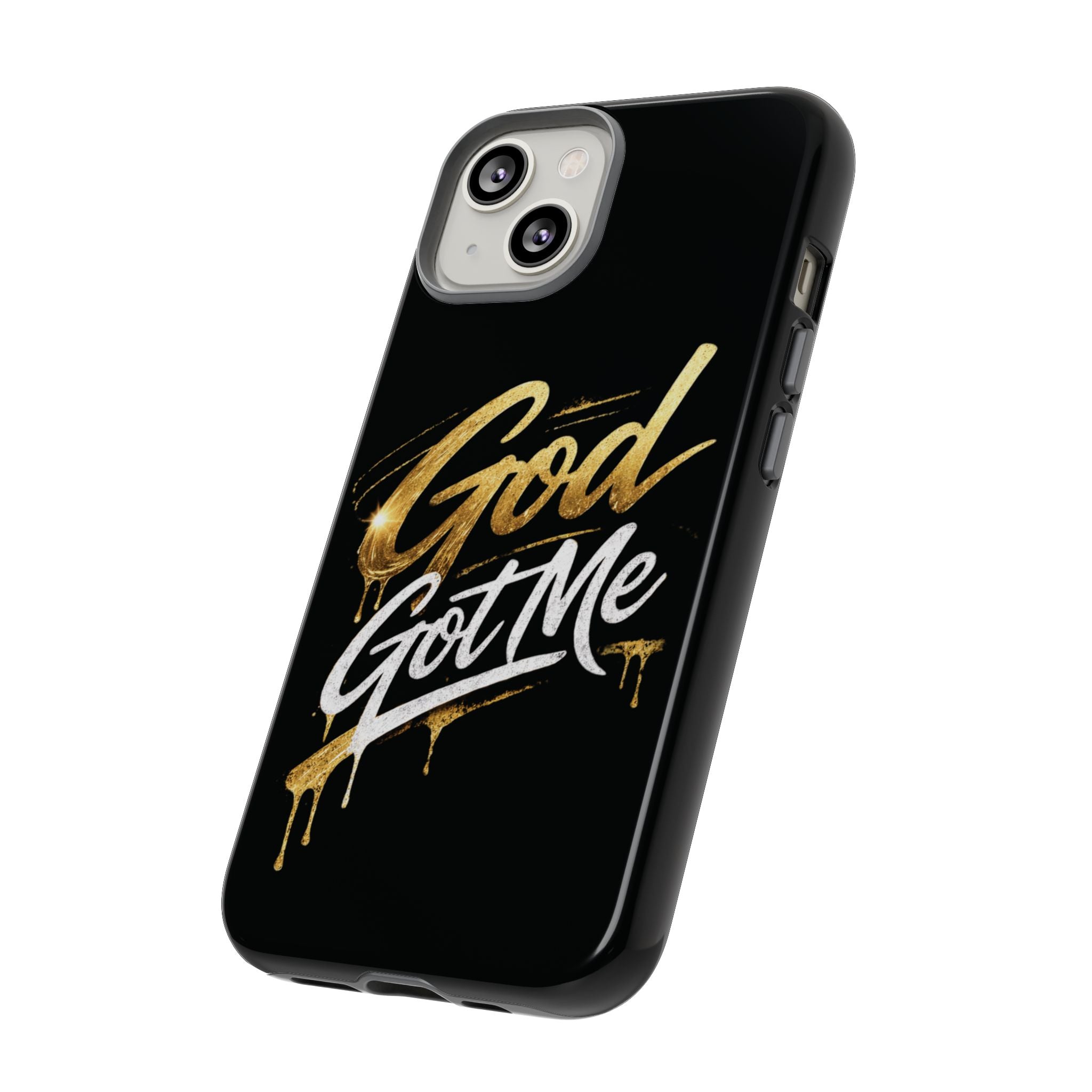 God Got Me phone case | Script gold drip typography on black
