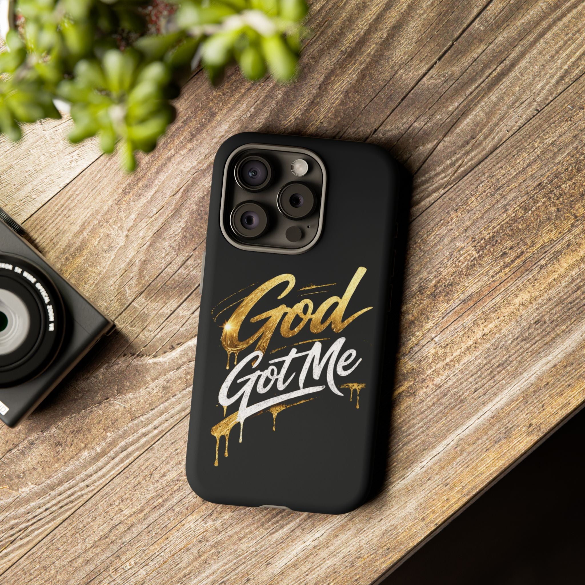 God Got Me phone case | Script gold drip typography on black