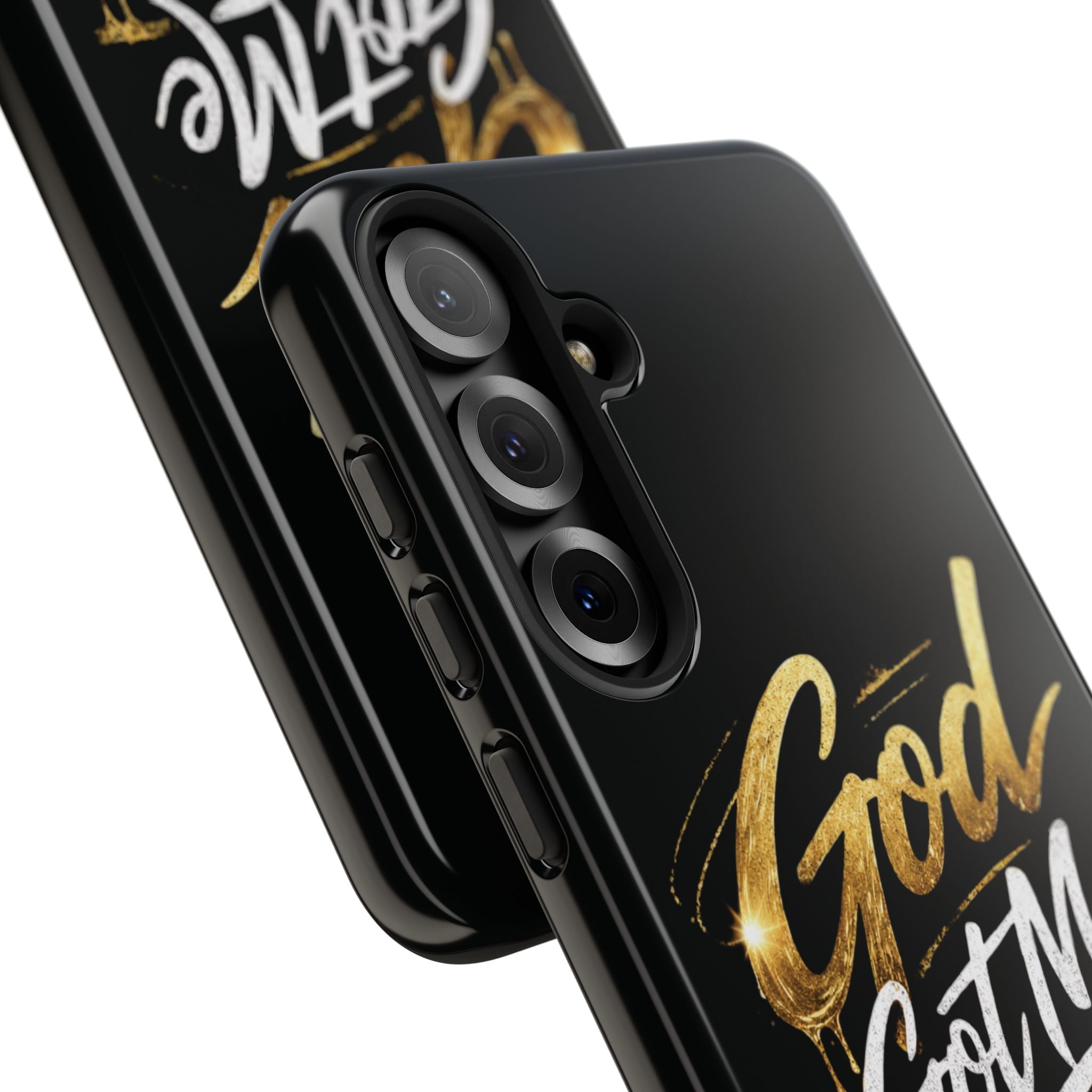 God Got Me phone case | Script gold drip typography on black
