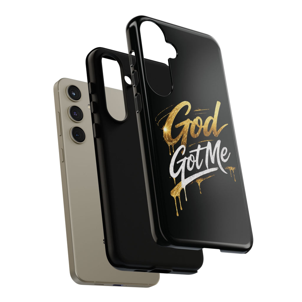 God Got Me phone case | Script gold drip typography on black