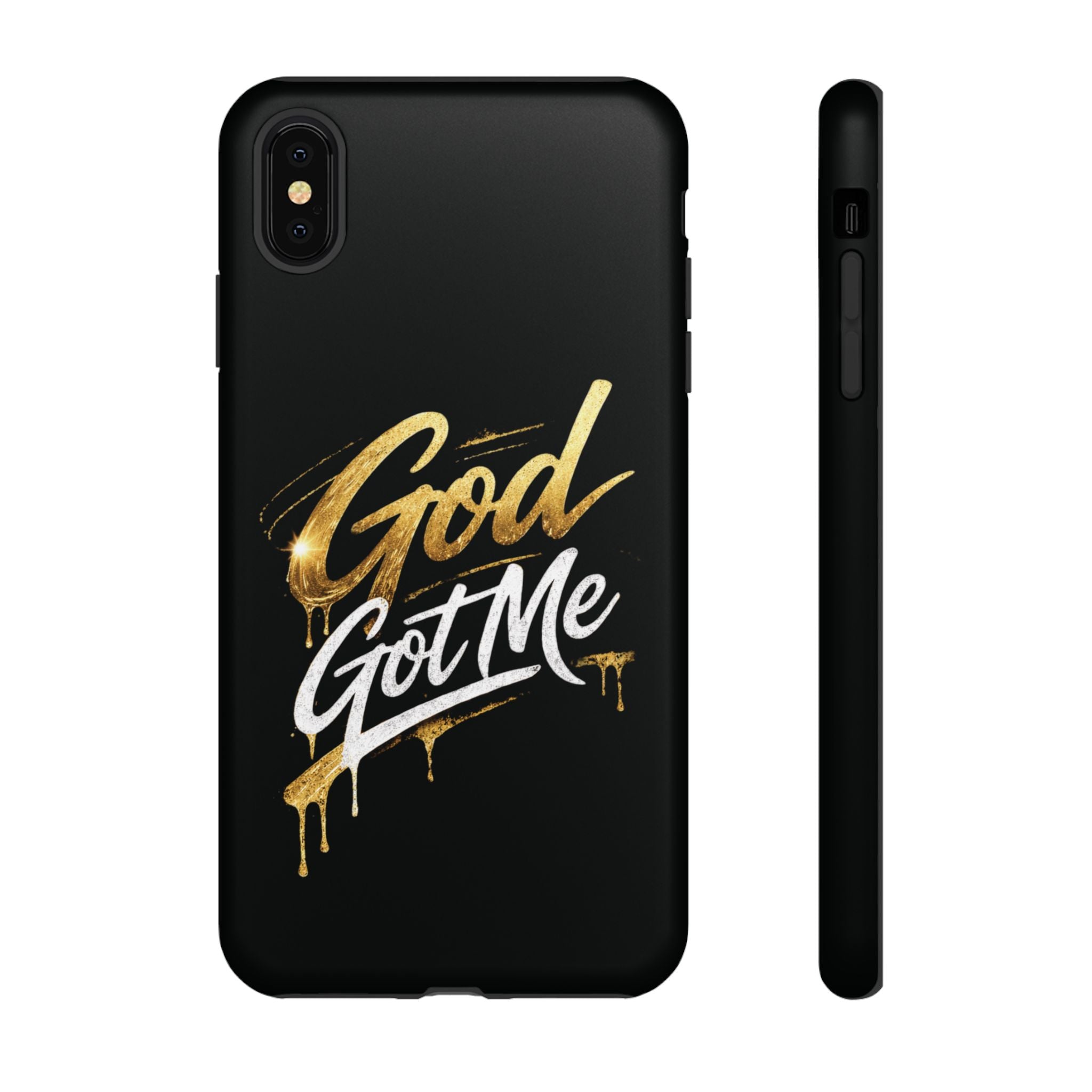 God Got Me phone case | Script gold drip typography on black