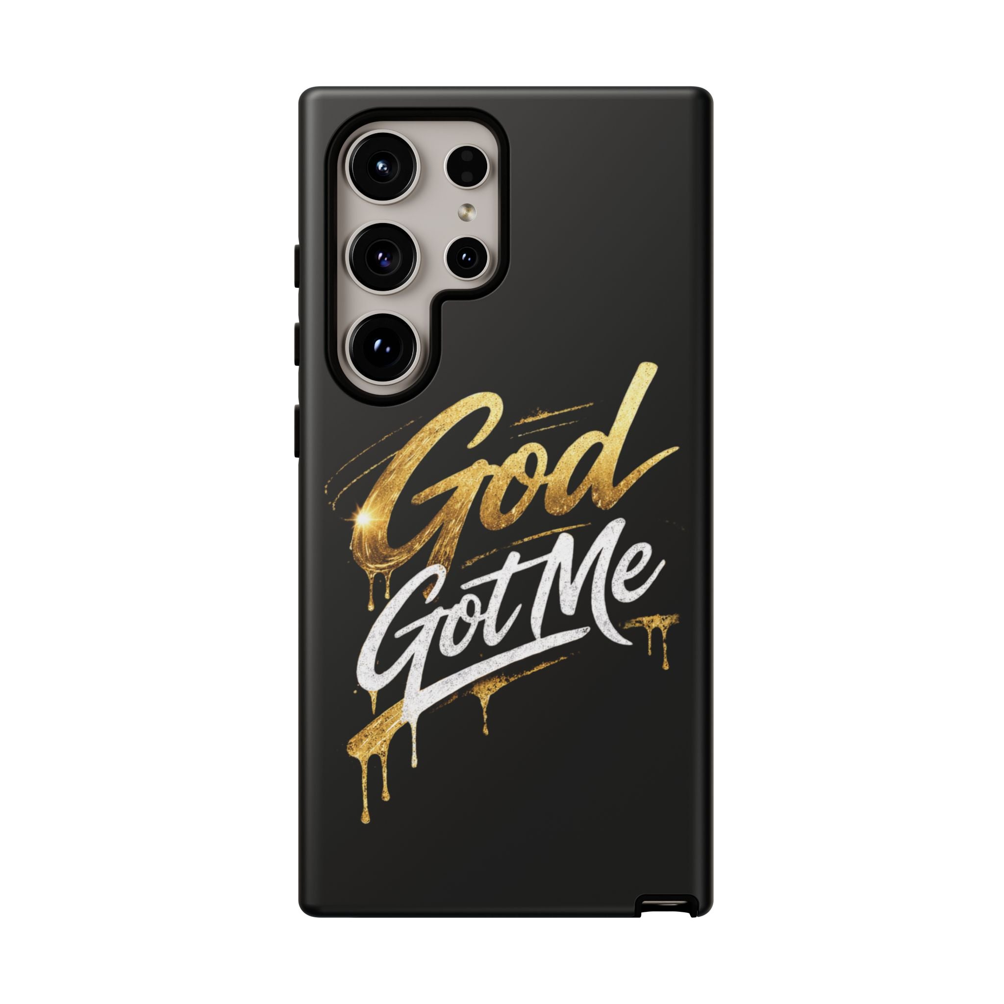 God Got Me phone case | Script gold drip typography on black
