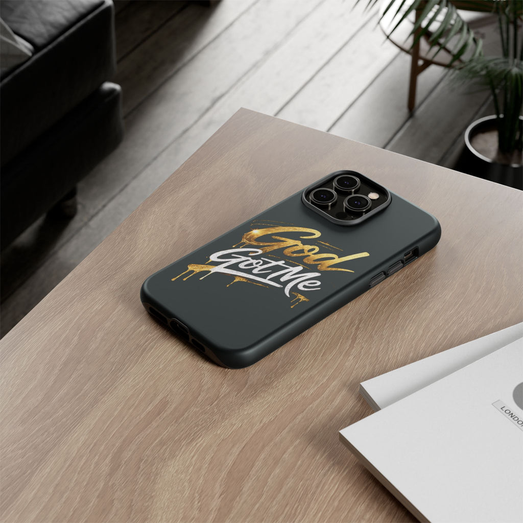 God Got Me phone case | Script gold drip typography on black