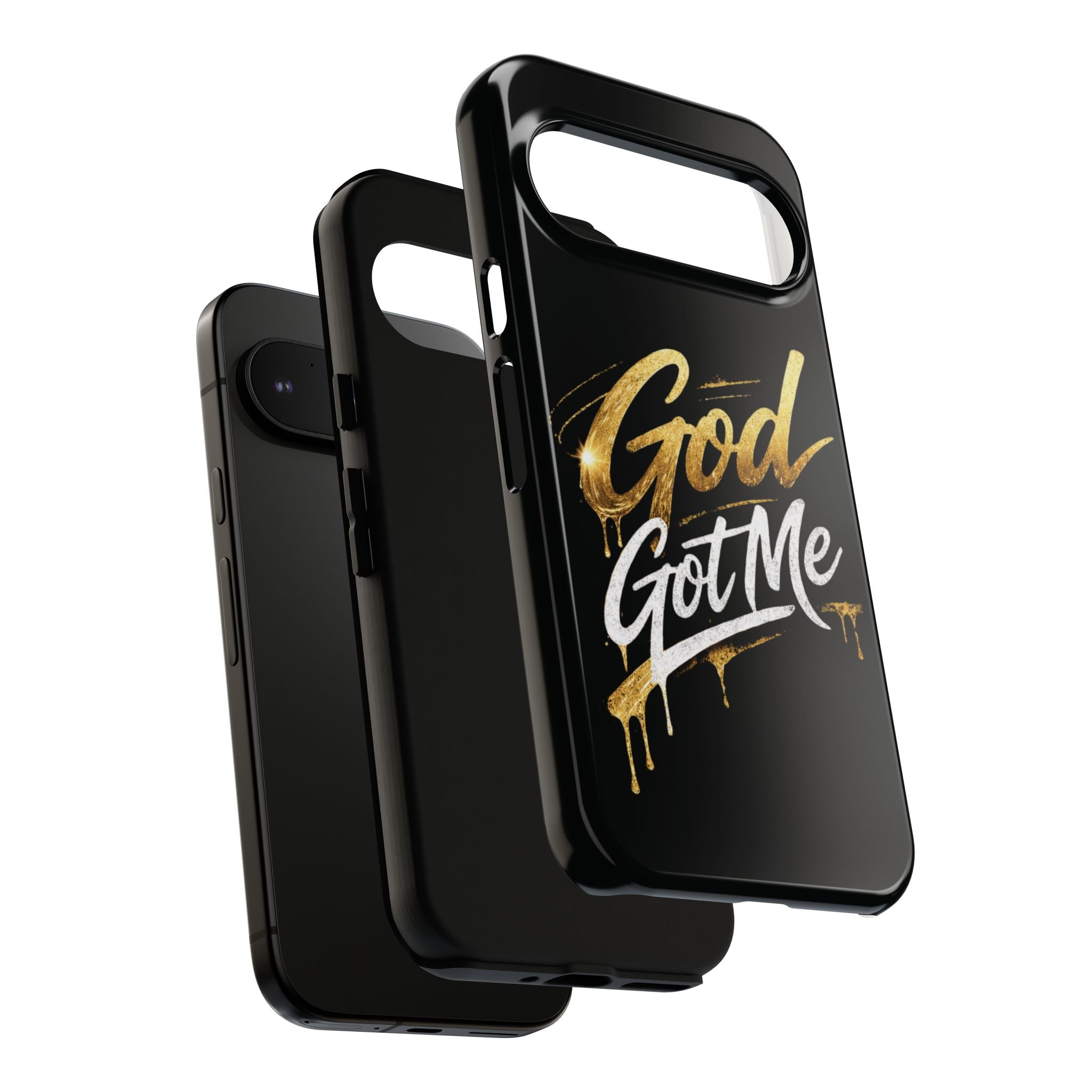 God Got Me phone case | Script gold drip typography on black