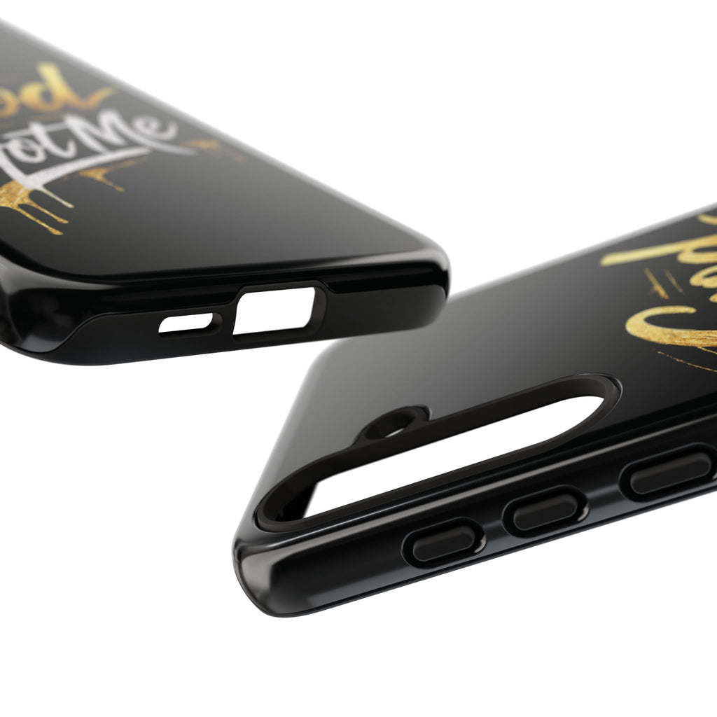 God Got Me phone case | Script gold drip typography on black