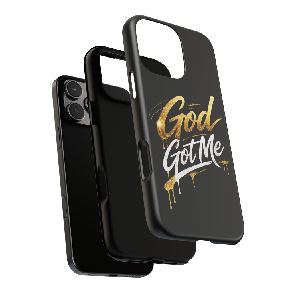 God Got Me phone case | Script gold drip typography on black