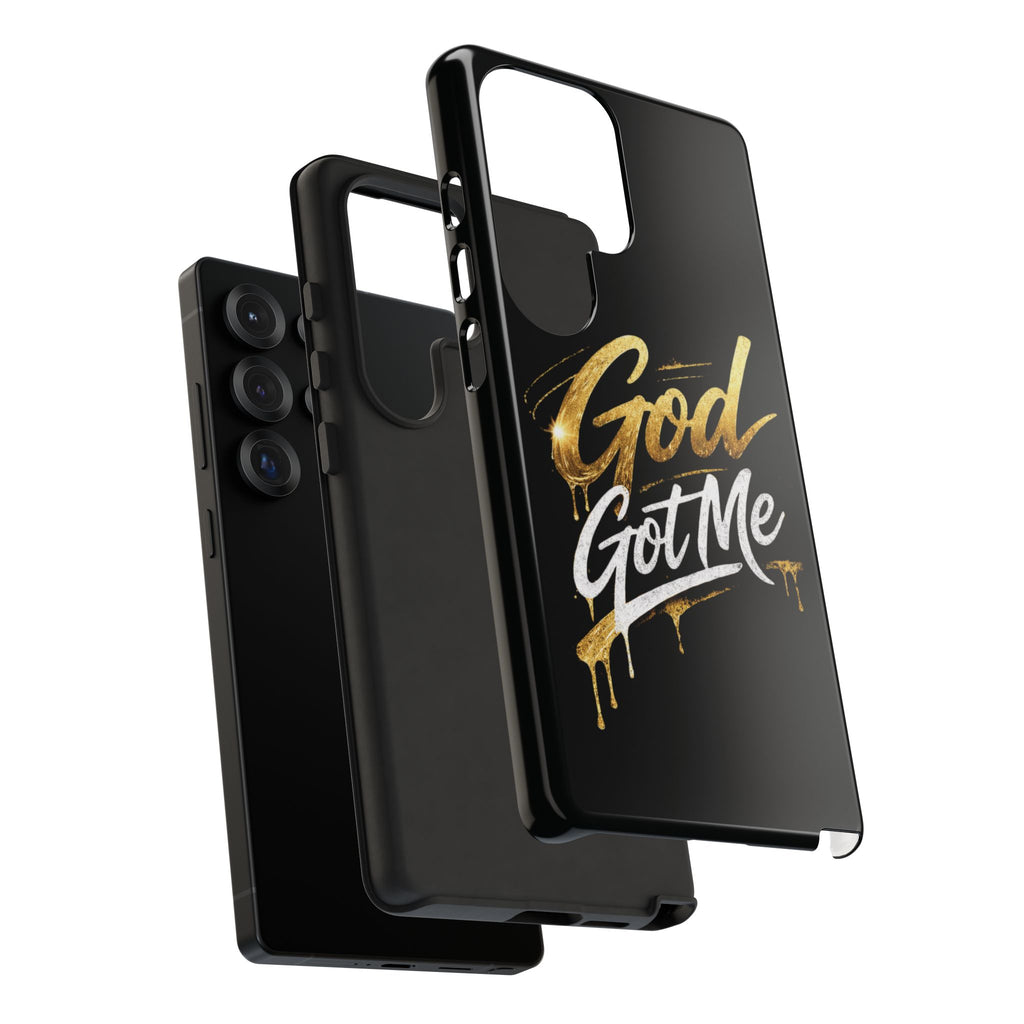 God Got Me phone case | Script gold drip typography on black