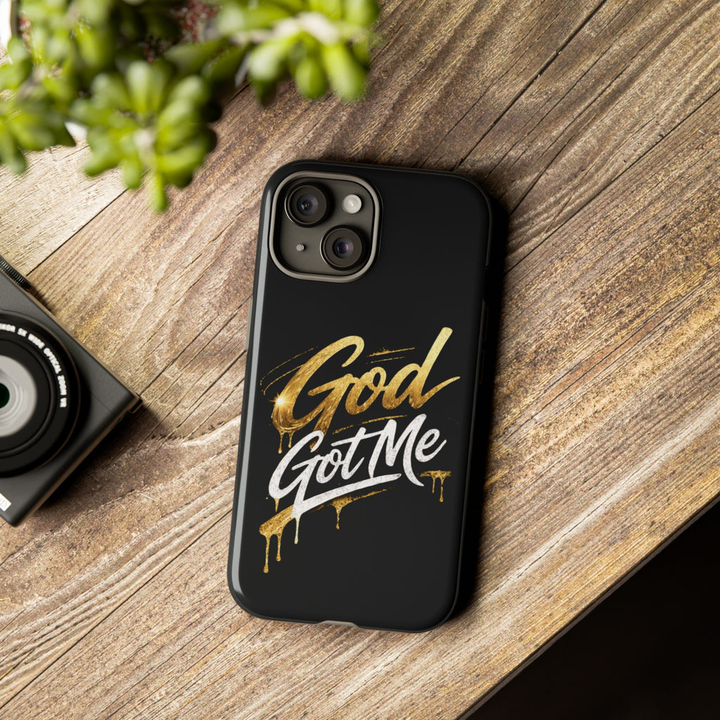 God Got Me phone case | Script gold drip typography on black