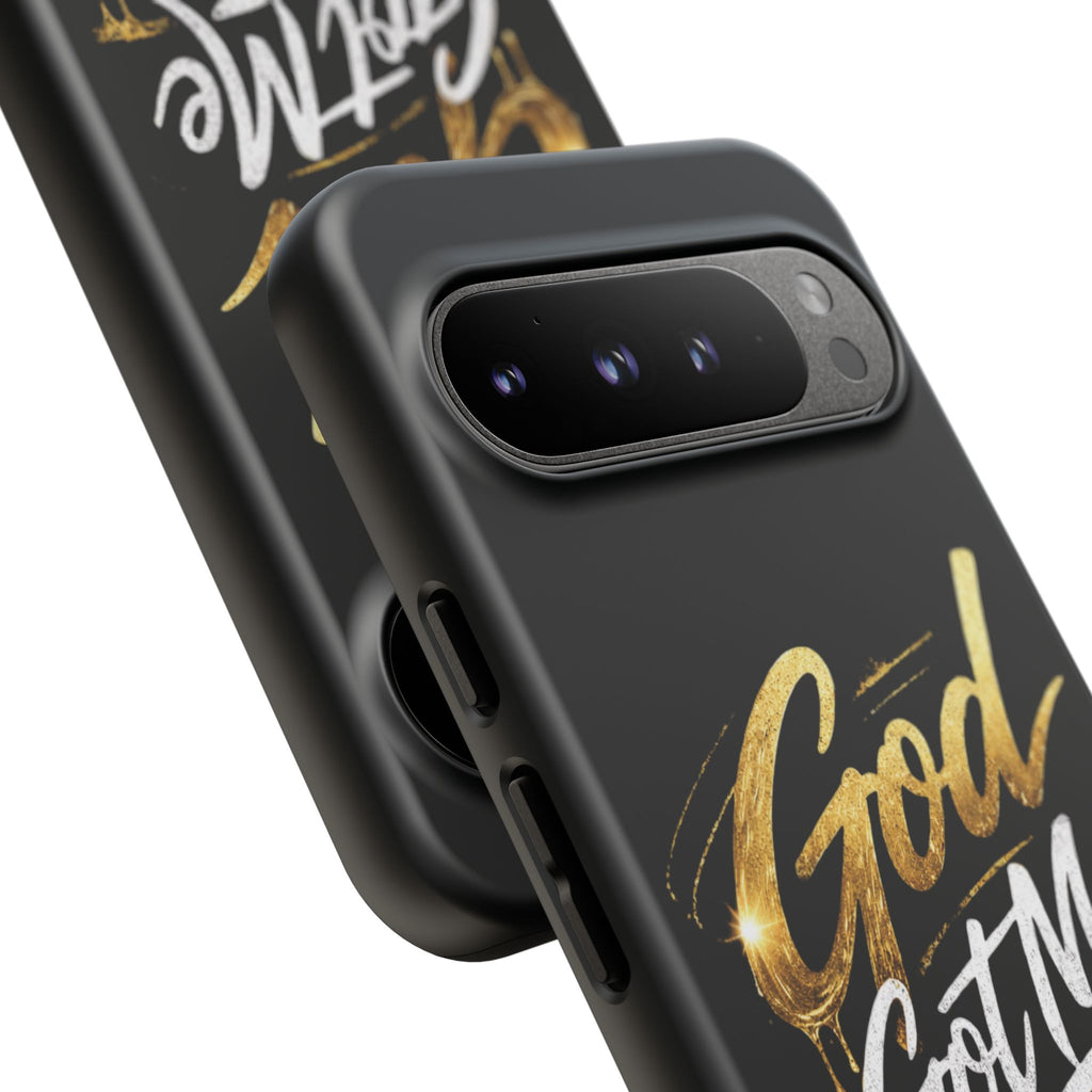 God Got Me phone case | Script gold drip typography on black