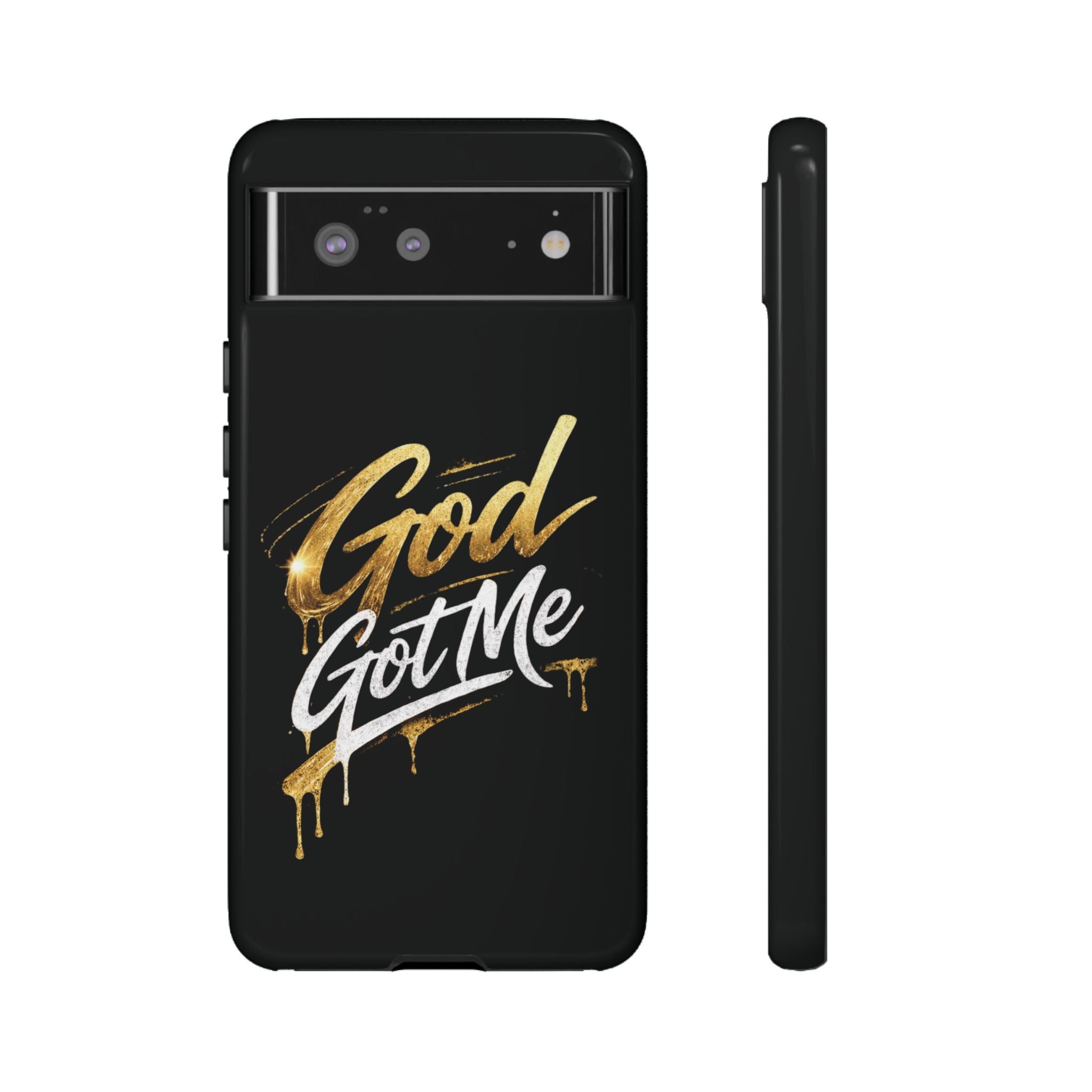 God Got Me phone case | Script gold drip typography on black