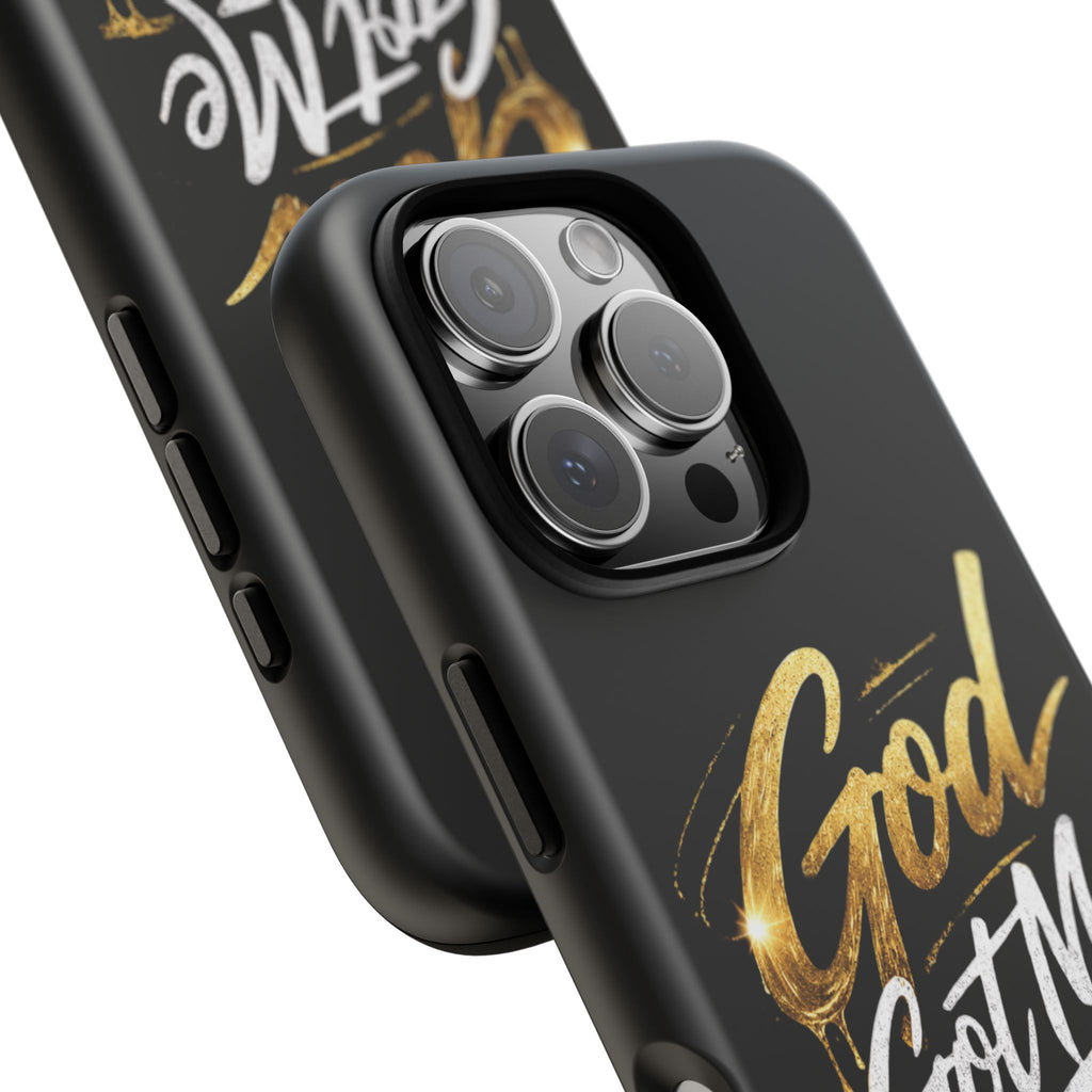 God Got Me phone case | Script gold drip typography on black