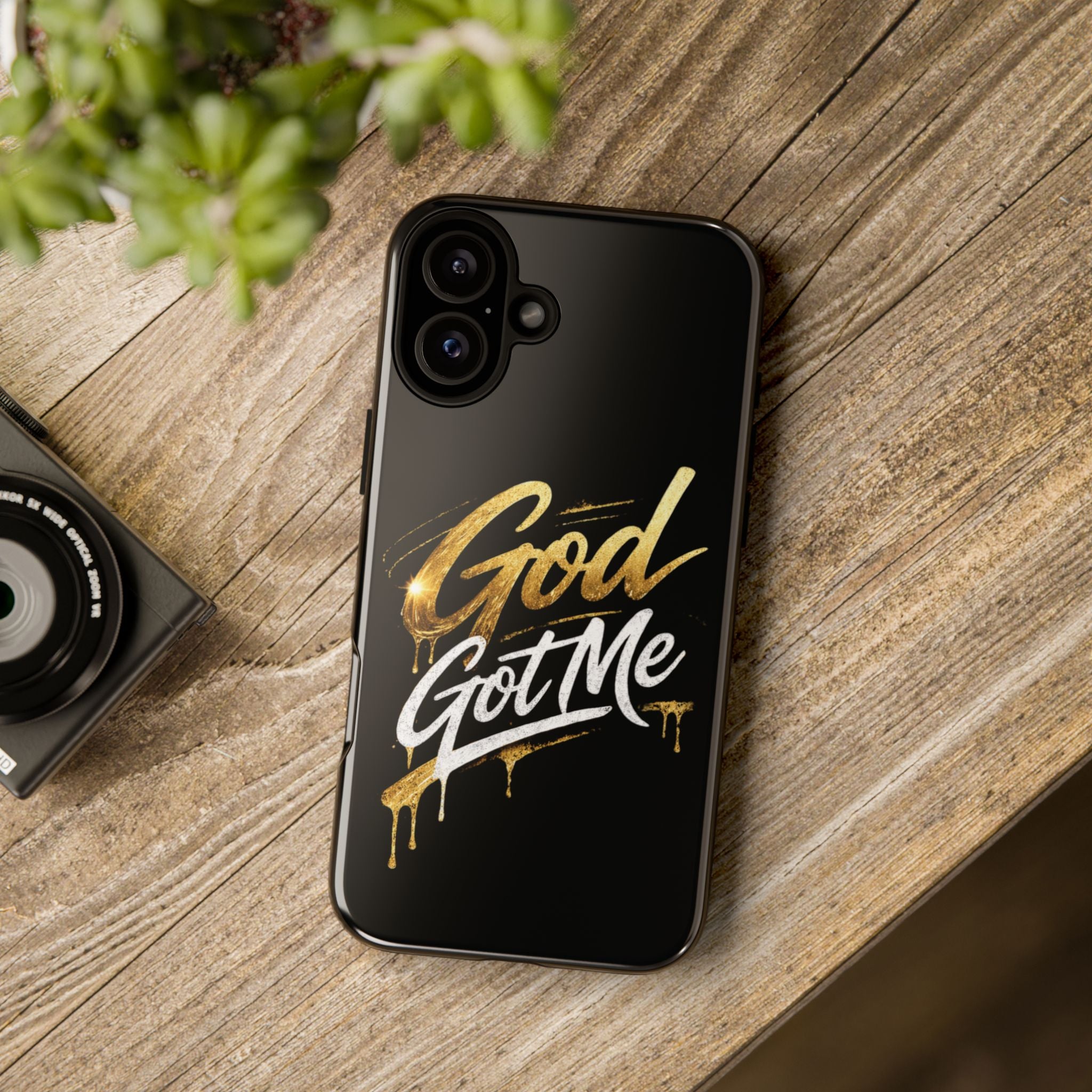 God Got Me phone case | Script gold drip typography on black