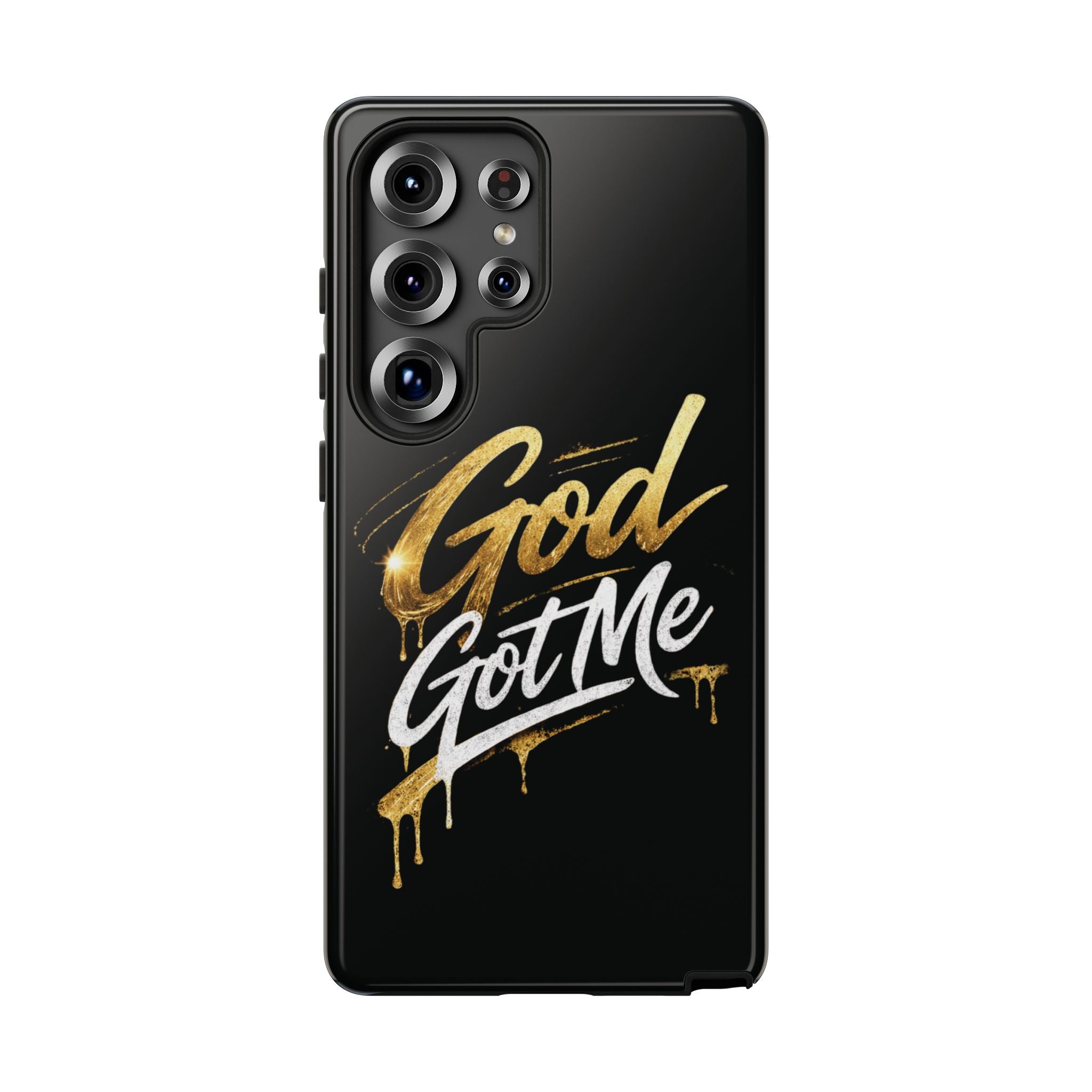 God Got Me phone case | Script gold drip typography on black