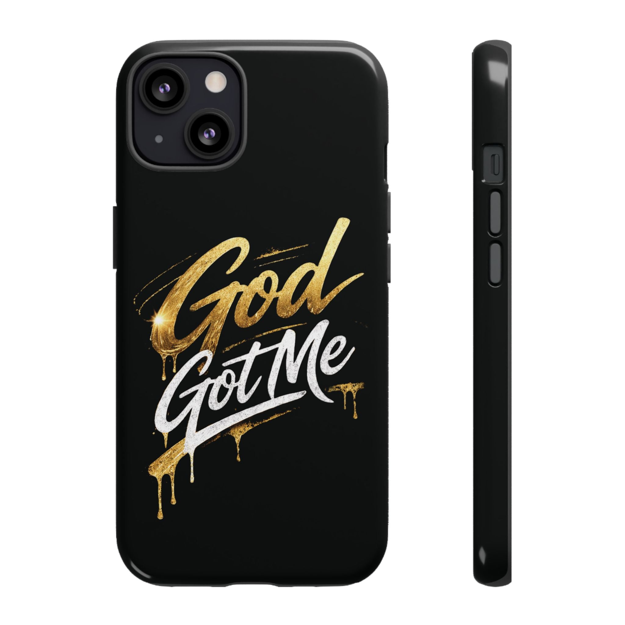 God Got Me phone case | Script gold drip typography on black