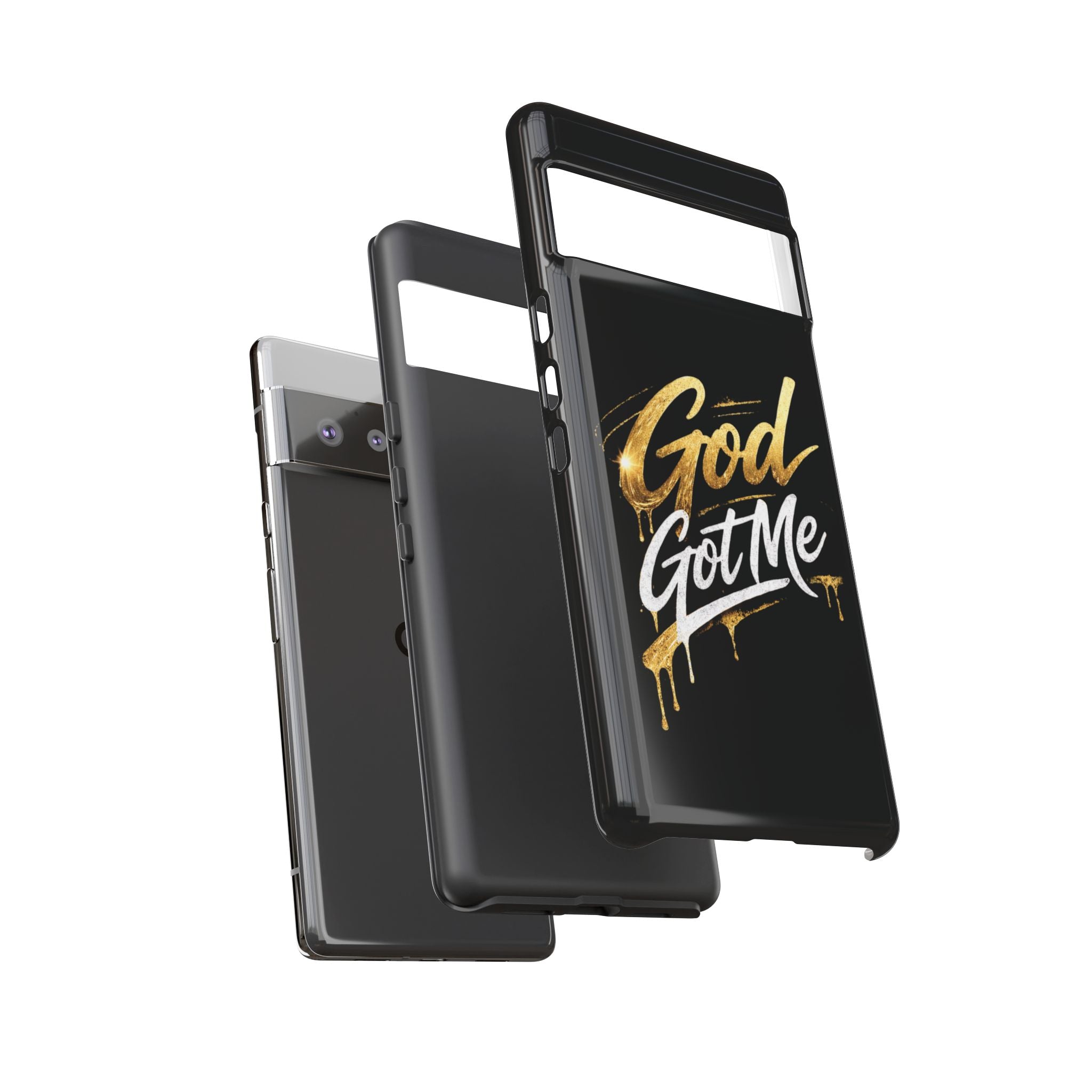 God Got Me phone case | Script gold drip typography on black
