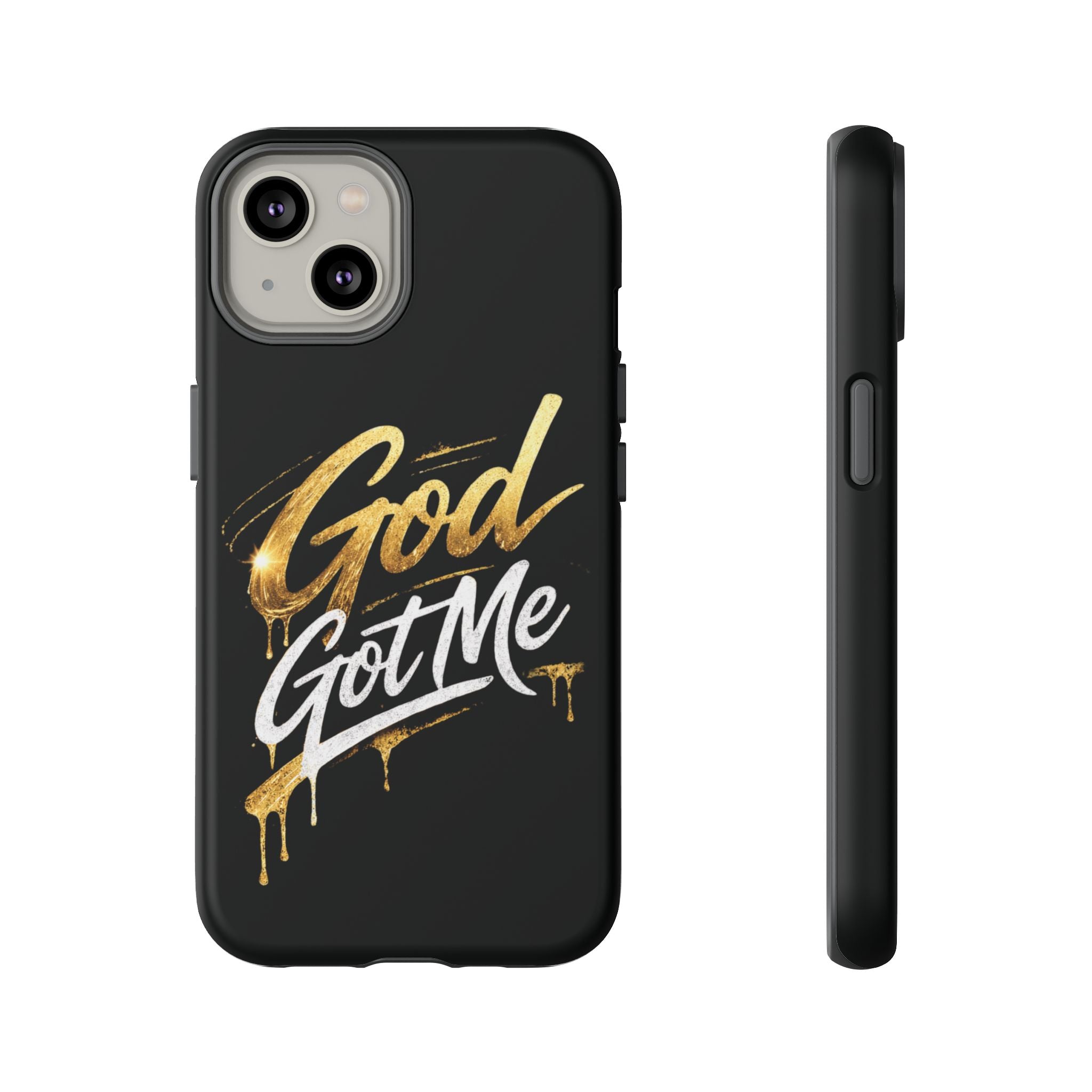 God Got Me phone case | Script gold drip typography on black