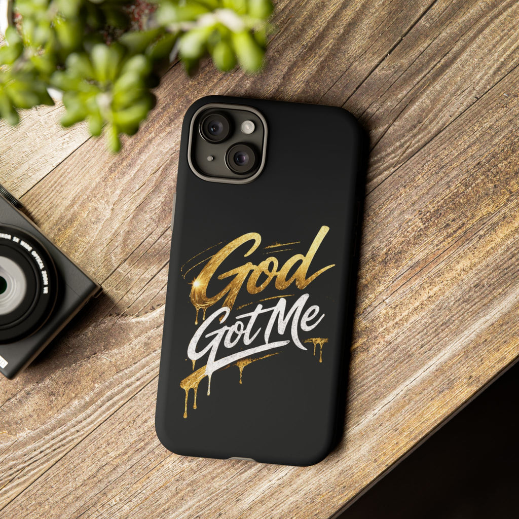 God Got Me phone case | Script gold drip typography on black