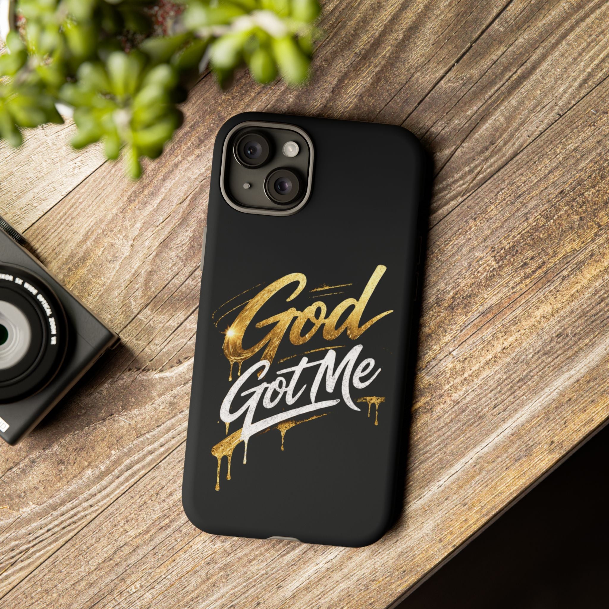 God Got Me phone case | Script gold drip typography on black