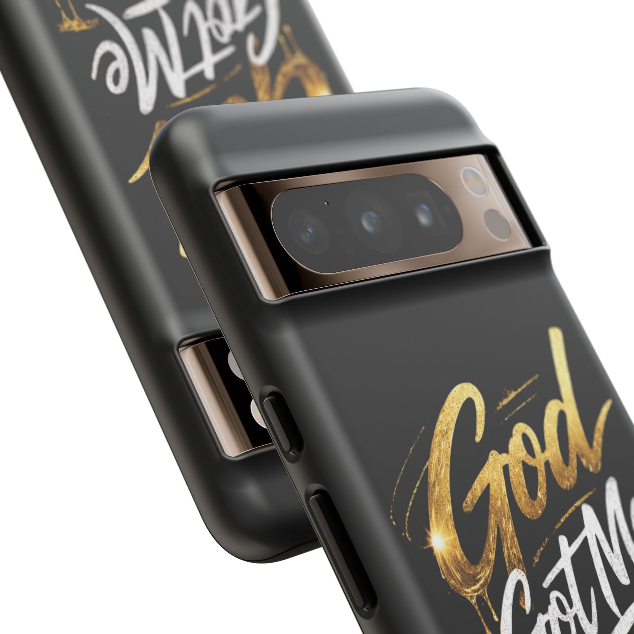 God Got Me phone case | Script gold drip typography on black