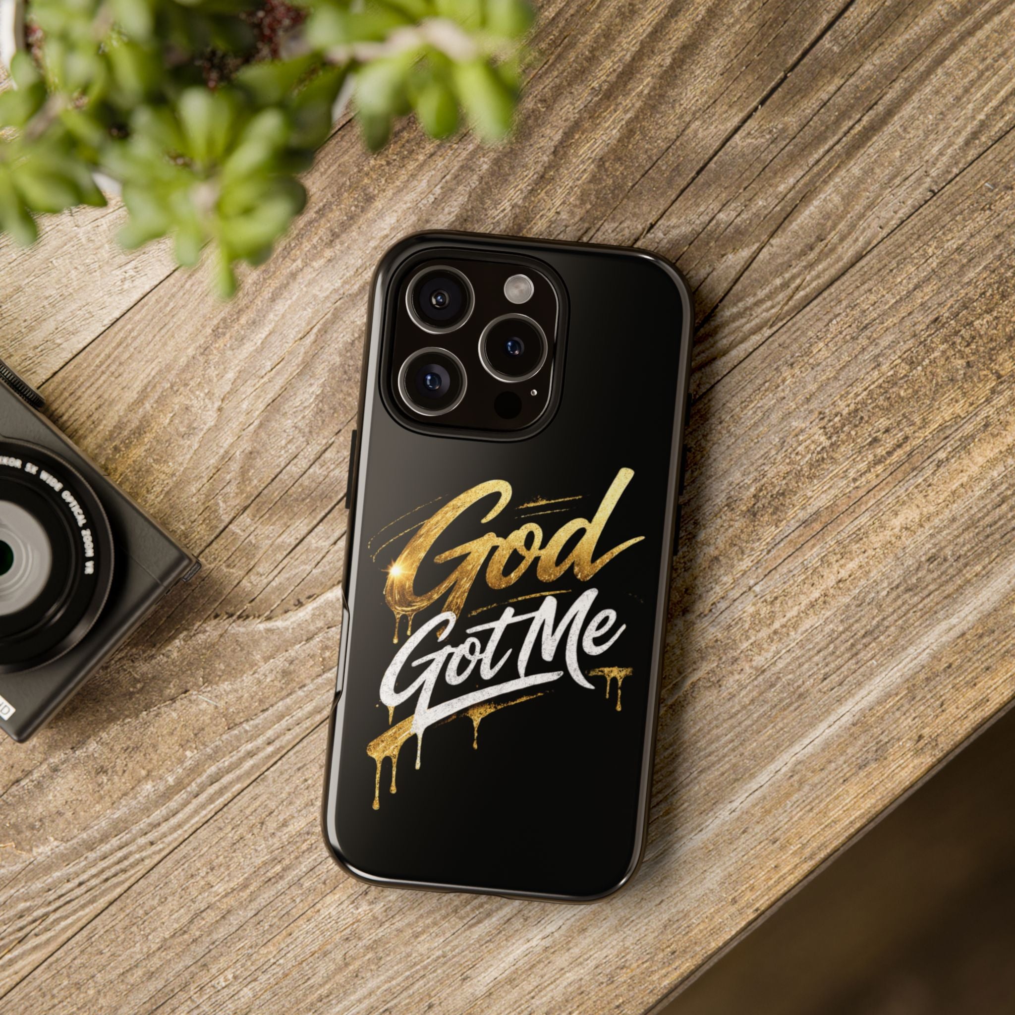 God Got Me phone case | Script gold drip typography on black